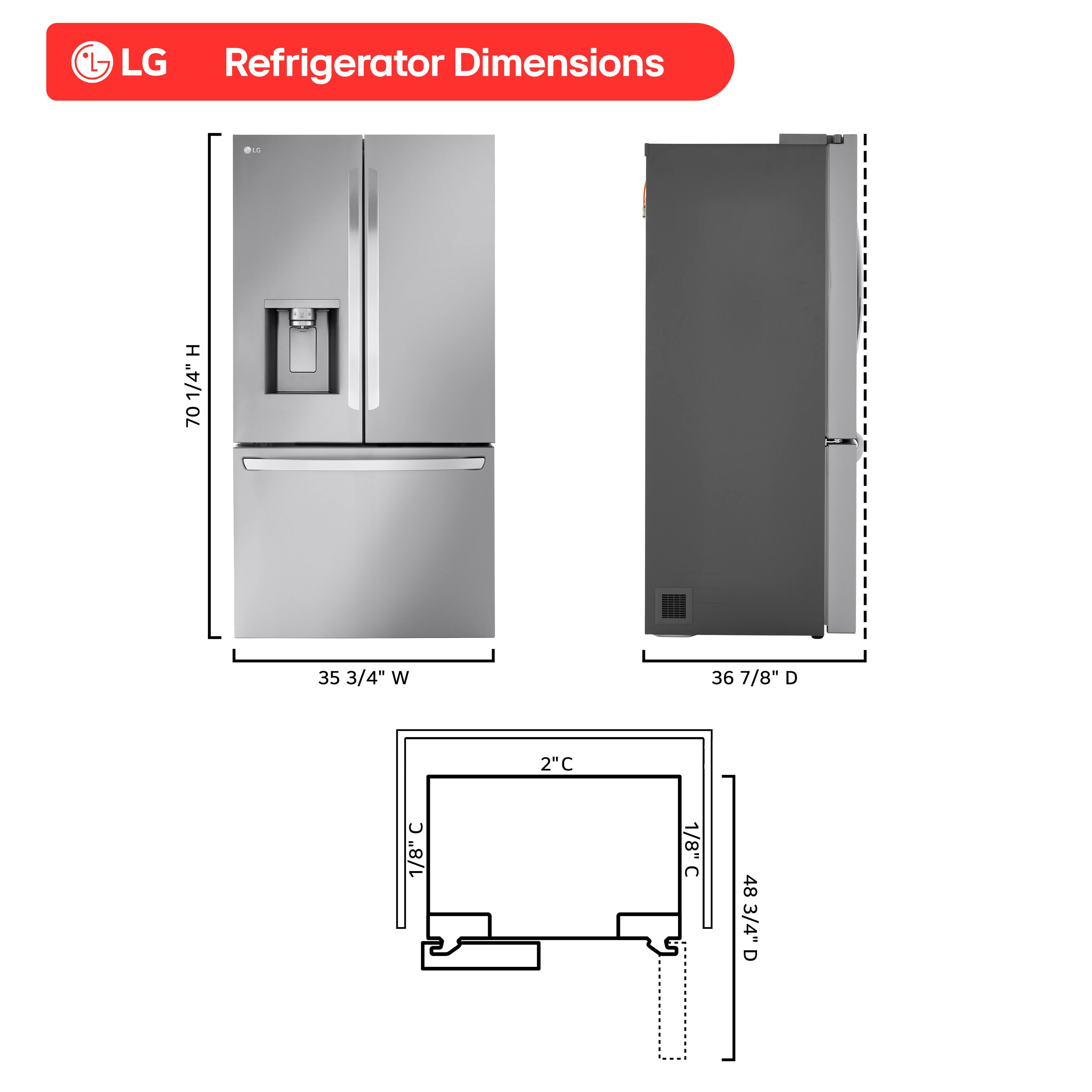 LG Refrigerator Dimensions: H 70 1/4", W 35 3/4", D 36 7/8", C 2", C 1/8", C 1/8", C 48 3/4"