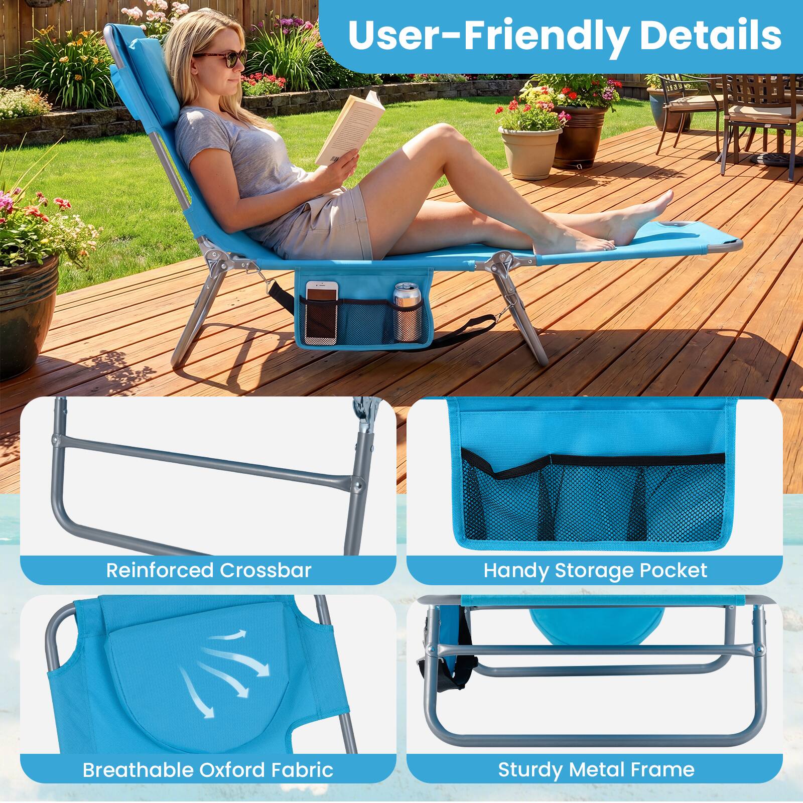 User-Friendly Details

- Reinforced Crossbar
- Handy Storage Pocket
- Breathable Oxford Fabric
- Sturdy Metal Frame