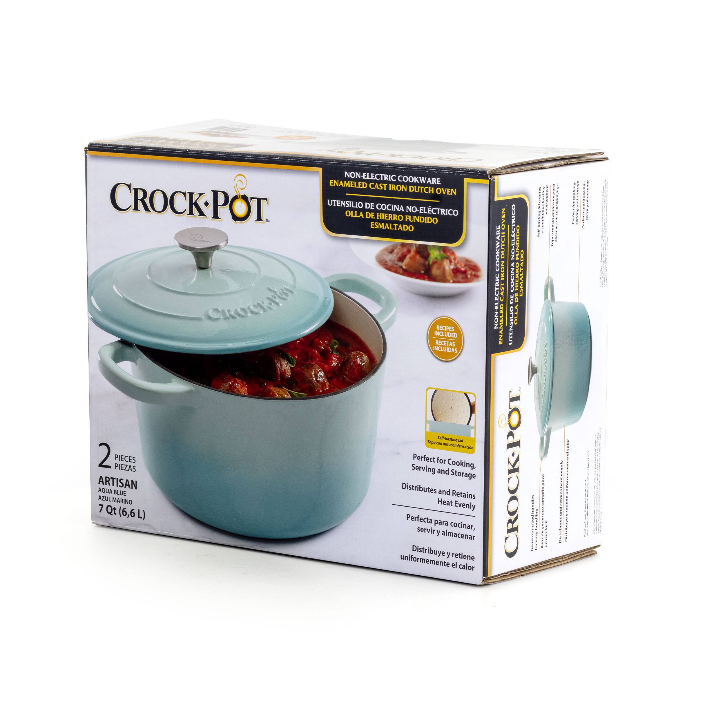 Crock-Pot Non-Electric Enamel Cast Iron Dutch Oven 7 Qt. (6.6 L) Perfect for cooking, serving and storage. Artisan Distributes Aqua Blue and Azul. Retains heat evenly. Includes 1 piece.