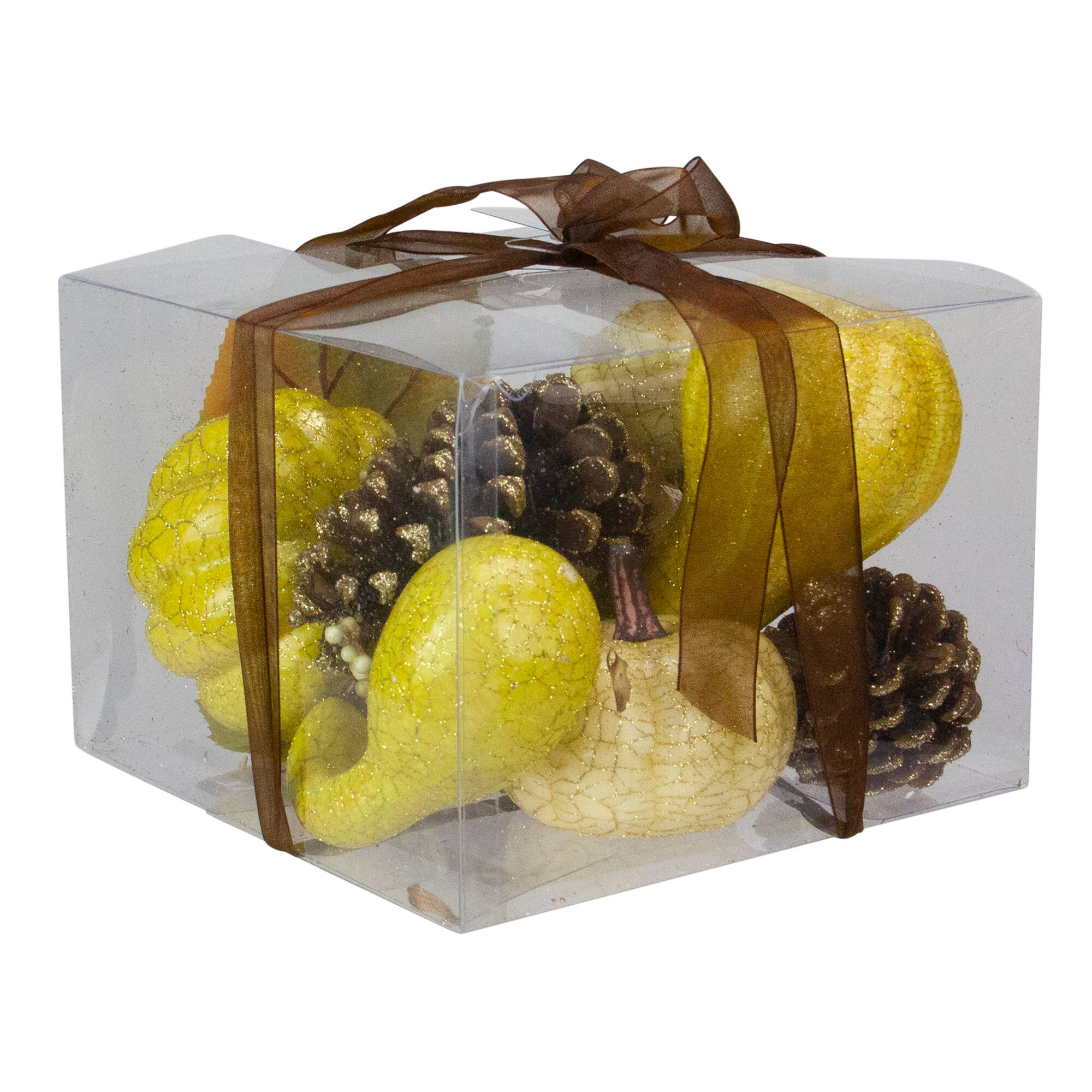 Northlight - Crackled and Glittered Fall Harvest Pumpkin and Pine Cone Decoration Set - Set of 12 - White