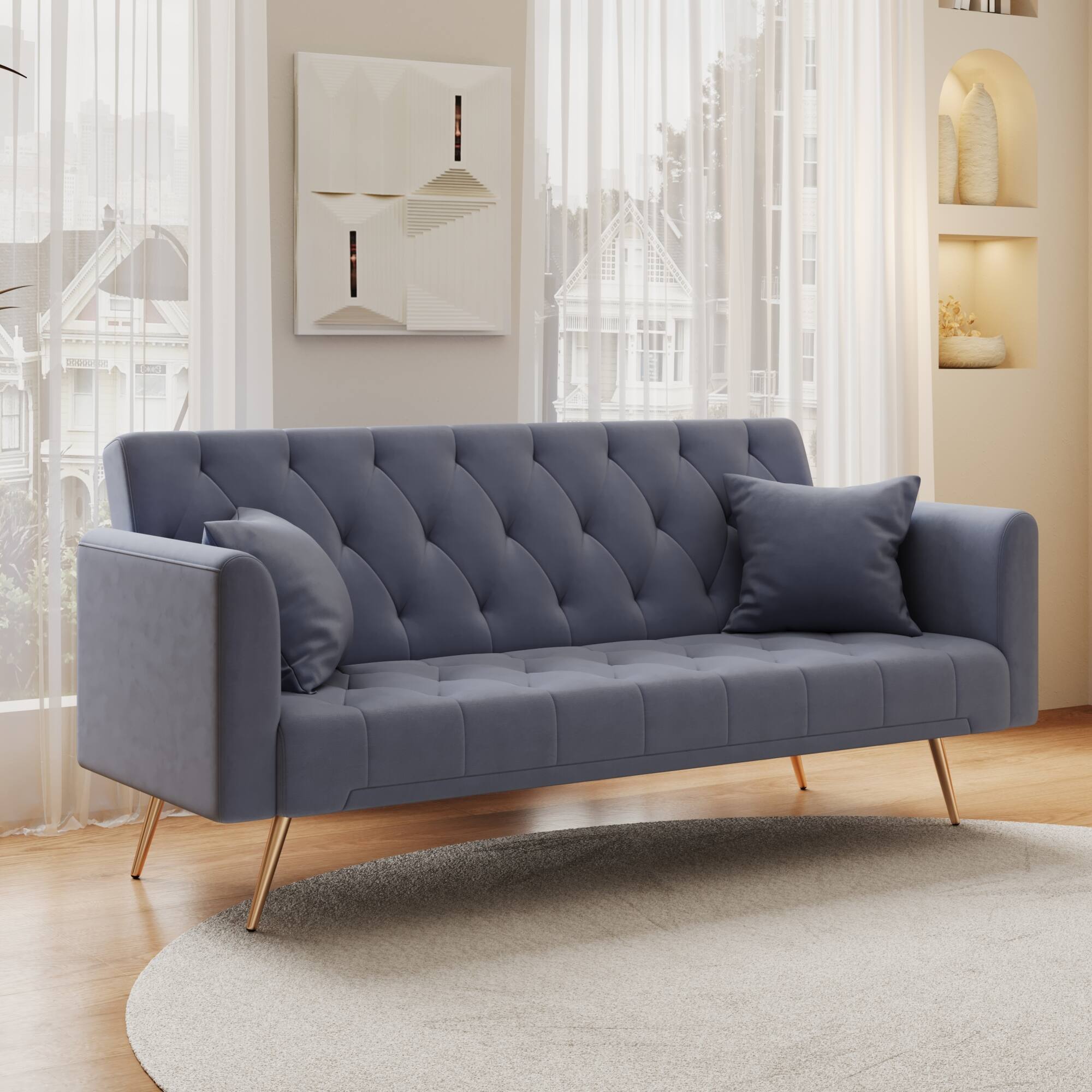 Alt View 4. GOODSILO - Convertible Velvet Sofa Bed with Adjustable Backrest for Small Spaces, Living Room and Office Use - Gray.