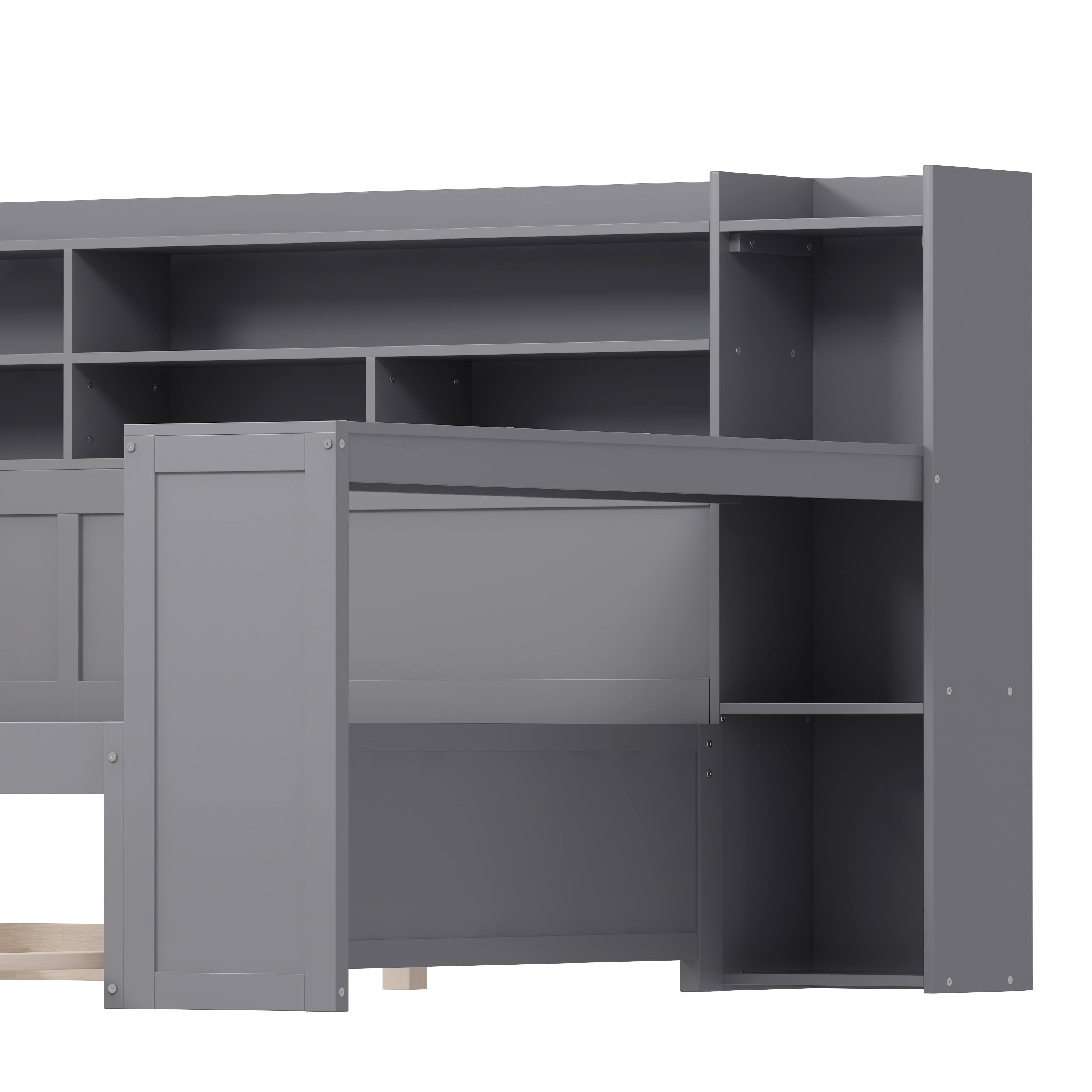 Alt View 9. Tiramisubest - Wooden Full Size Daybed with Storage Shelves, Multi-functional Bed with Twin Size Trundle Bed and  Study Desk,Gray - Gray.