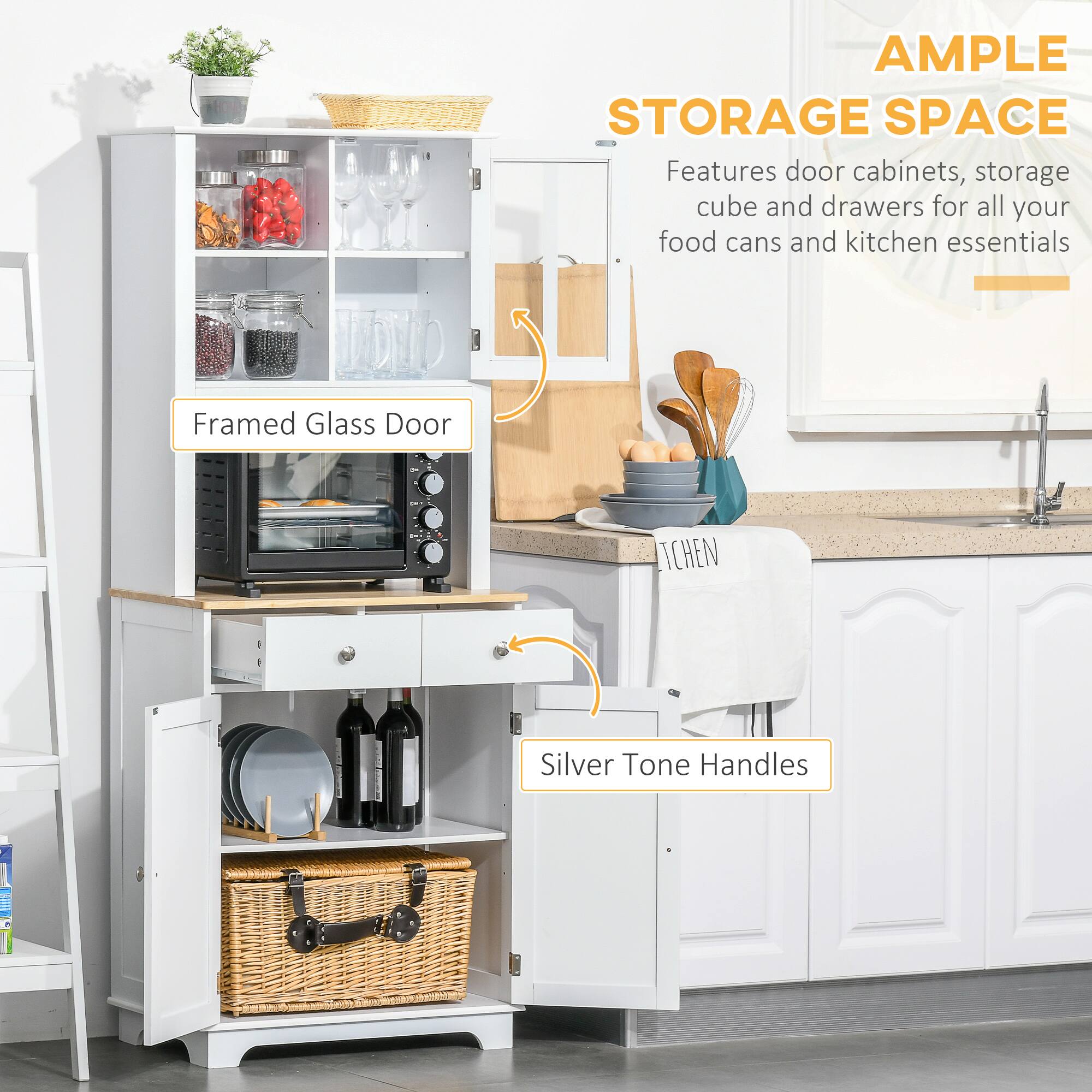 **AMPLE STORAGE SPACE**

Features door cabinets, storage cube and drawers for all your food cans and kitchen essentials

- Framed Glass Door
- Silver Tone Handles