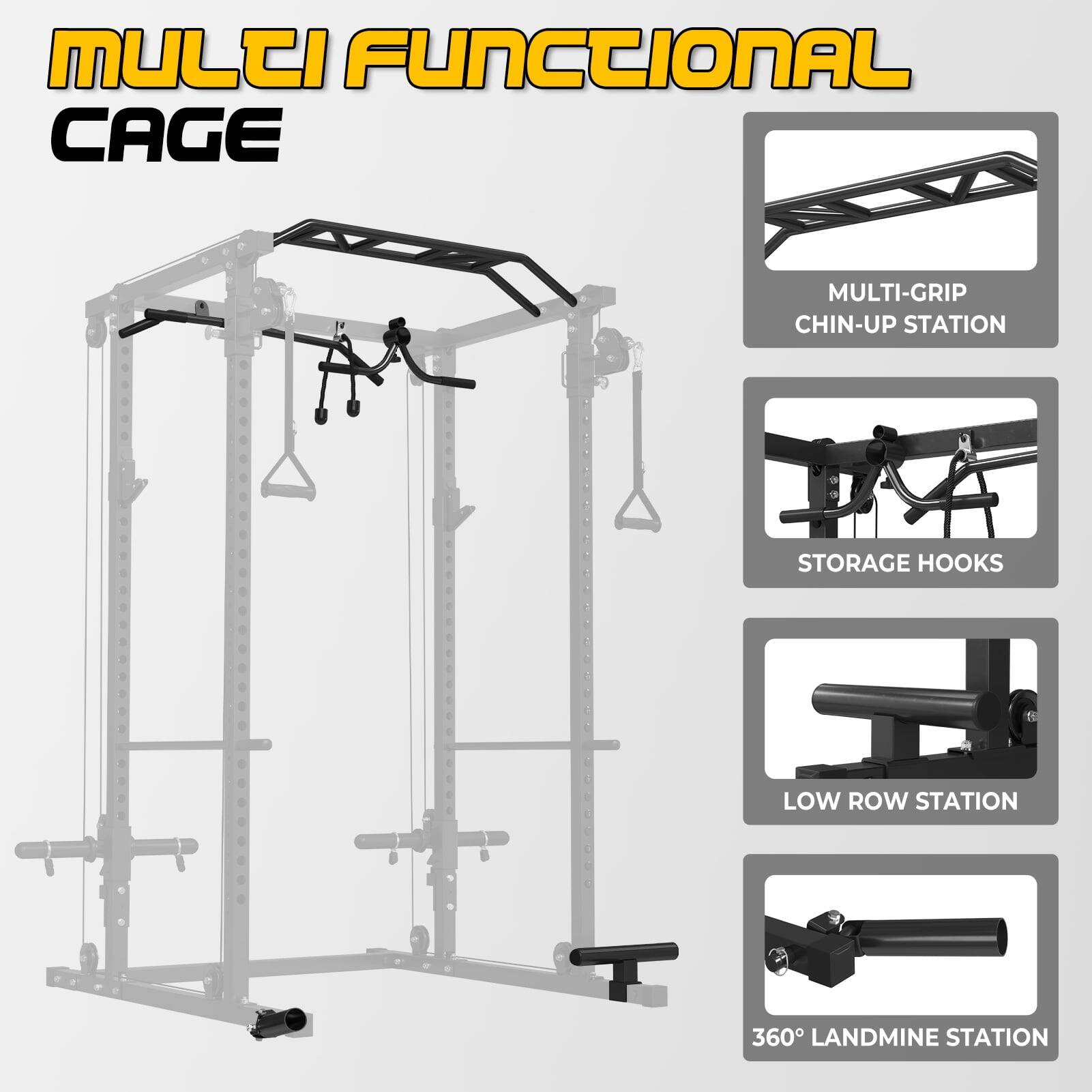 MULCI FUNCCIONAL CAGE
MULTI-GRIP CHIN-UP STATION
STORAGE HOOKS
LOW ROW STATION
360° LANDMINE STATION