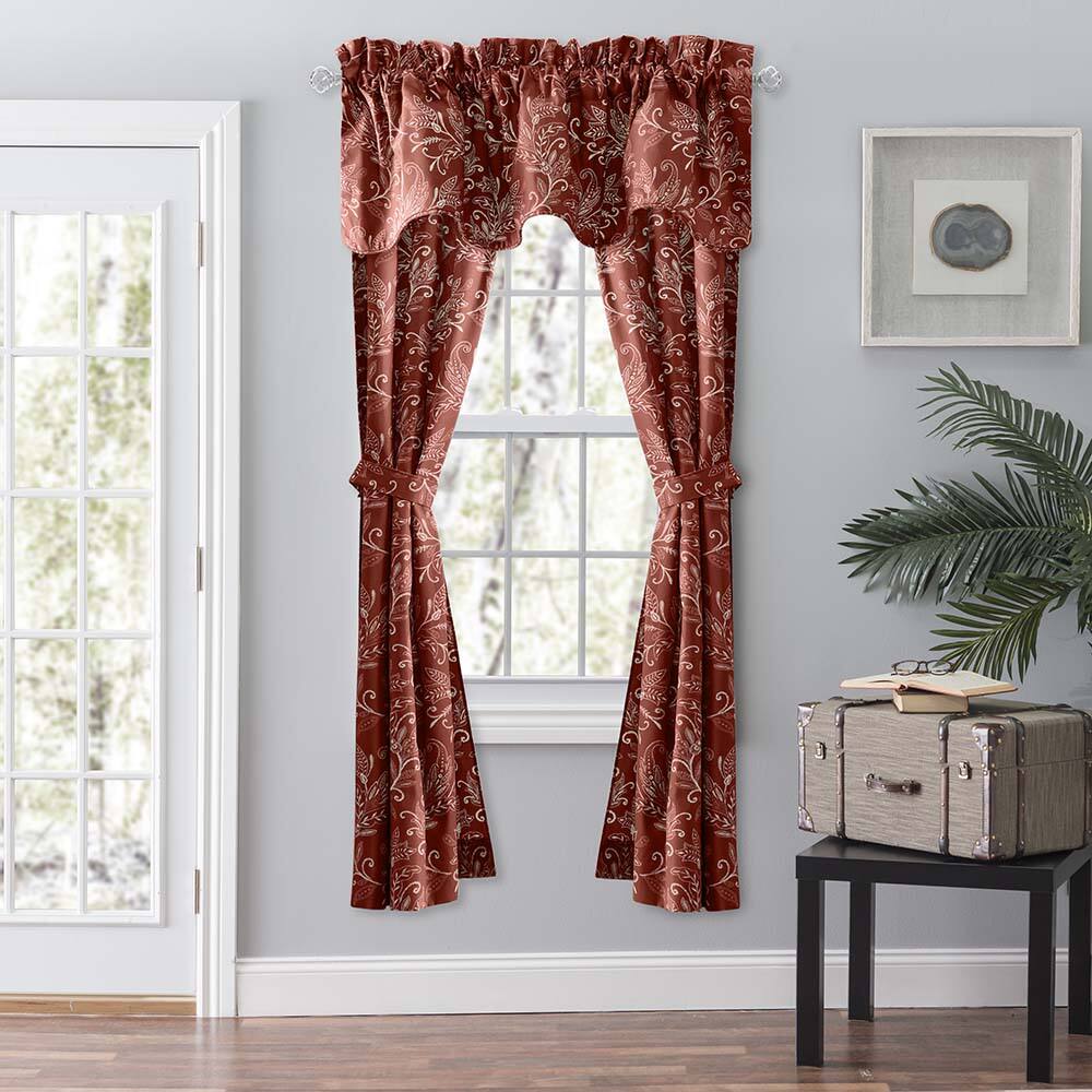 Angle. Ellis Curtain - Ellis Curtain Lexington Leaf Pattern on Colored Ground Scallop Valance 58"x15" Brick - Brick.