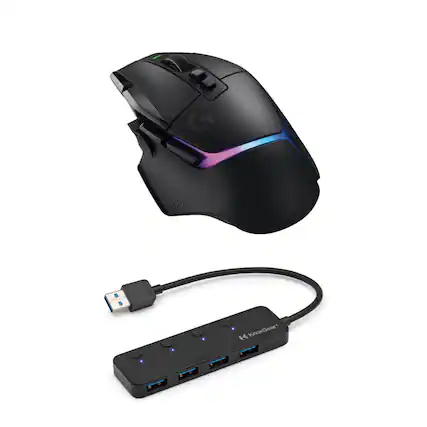 Front. Logitech - Logitech G502 X Plus Wireless Gaming Mouse (Black) with 4-Port USB 3.0 Hub - Black.