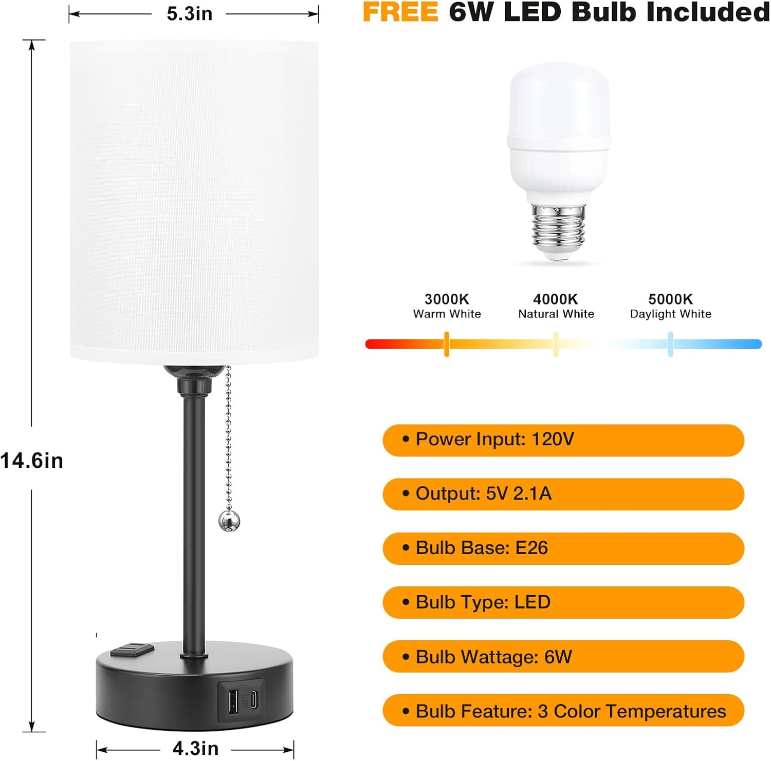 - FREE 6W LED Bulb Included
- 5.3in
- 14.6in
- 4.3in
- 3000K Warm White
- 4000K Natural White
- 5000K Daylight White
- Power Input: 120V
- Output: 5V 2.1A
- Bulb Base: E26
- Bulb Type: LED
- Bulb Wattage: 6W
- Bulb Feature: 3 Color Temperatures