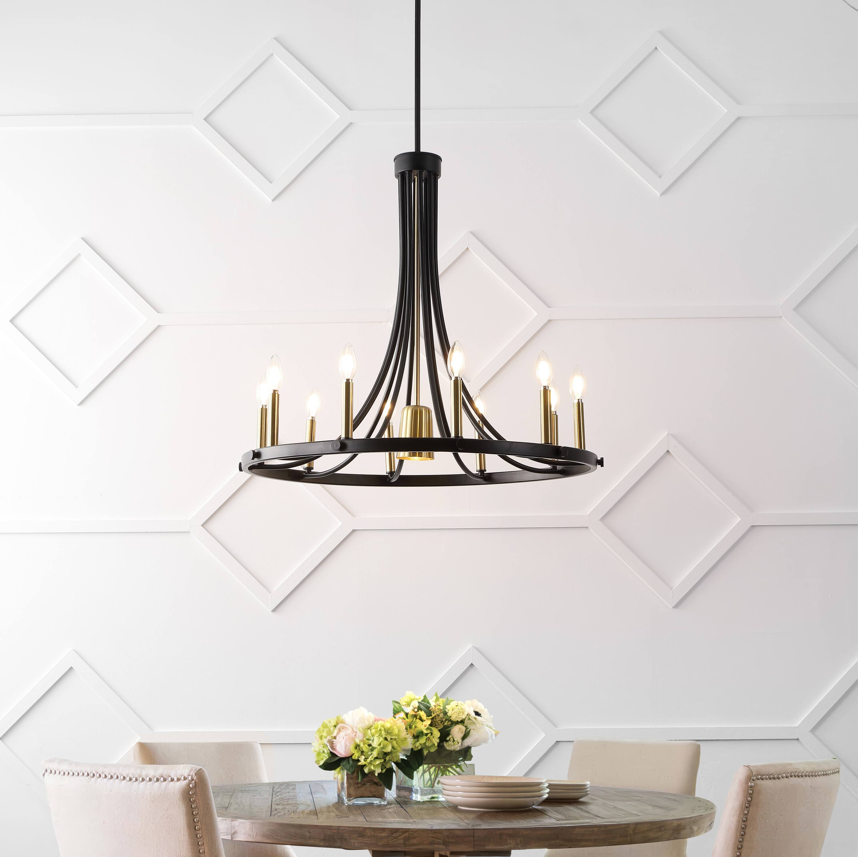 Alt View 7. Jonathan Y - Dante 30" 11-Light Transitional Iron Adjustable Wagon Wheel LED Chandelier with Downlight, Black/Brass Gold - Black/Brass Gold.