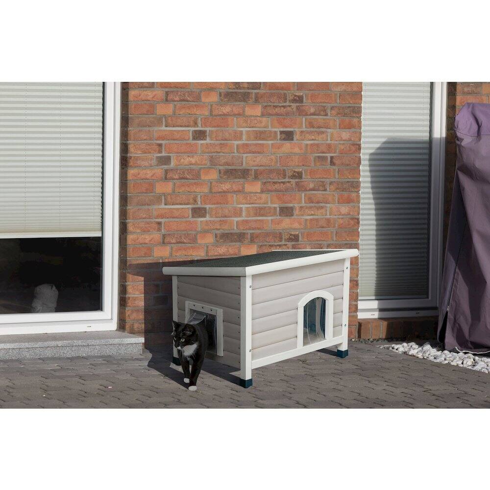 Left. TRIXIE - Classic Elevated Weatherproof Cat House, 2 Cover Openings, Indoor-Outdoor - Gray.