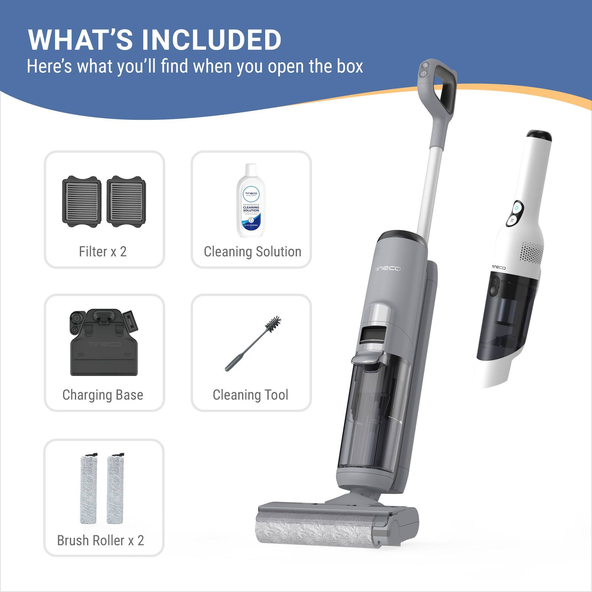 Here's what you'll find when you open the box:

- Filter x 2
- Cleaning Solution
- Charging Base
- Cleaning Tool
- Brush Roller x 2