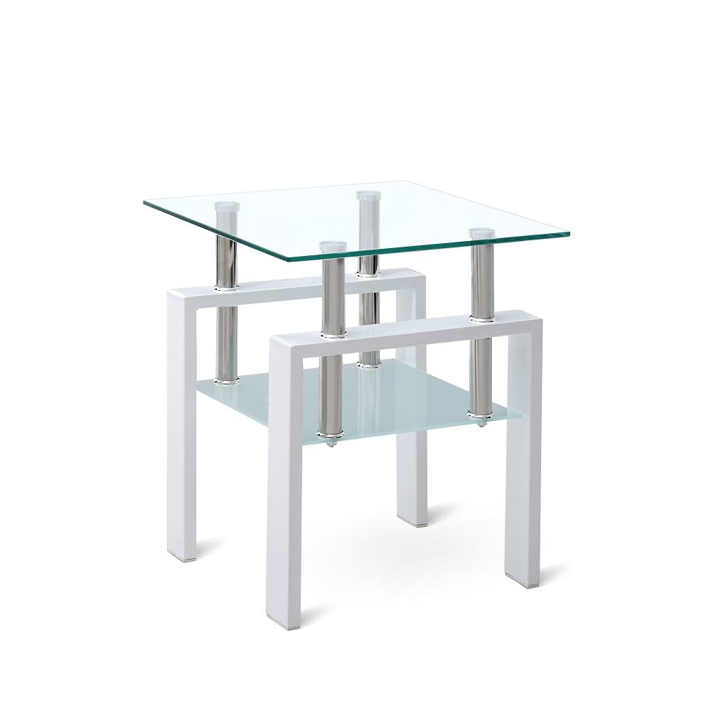 Alt View 2. Loheer - Loheer White Tempered Clear Glass End Table 2-Layer Small Sofa Side Table with Storage - White.