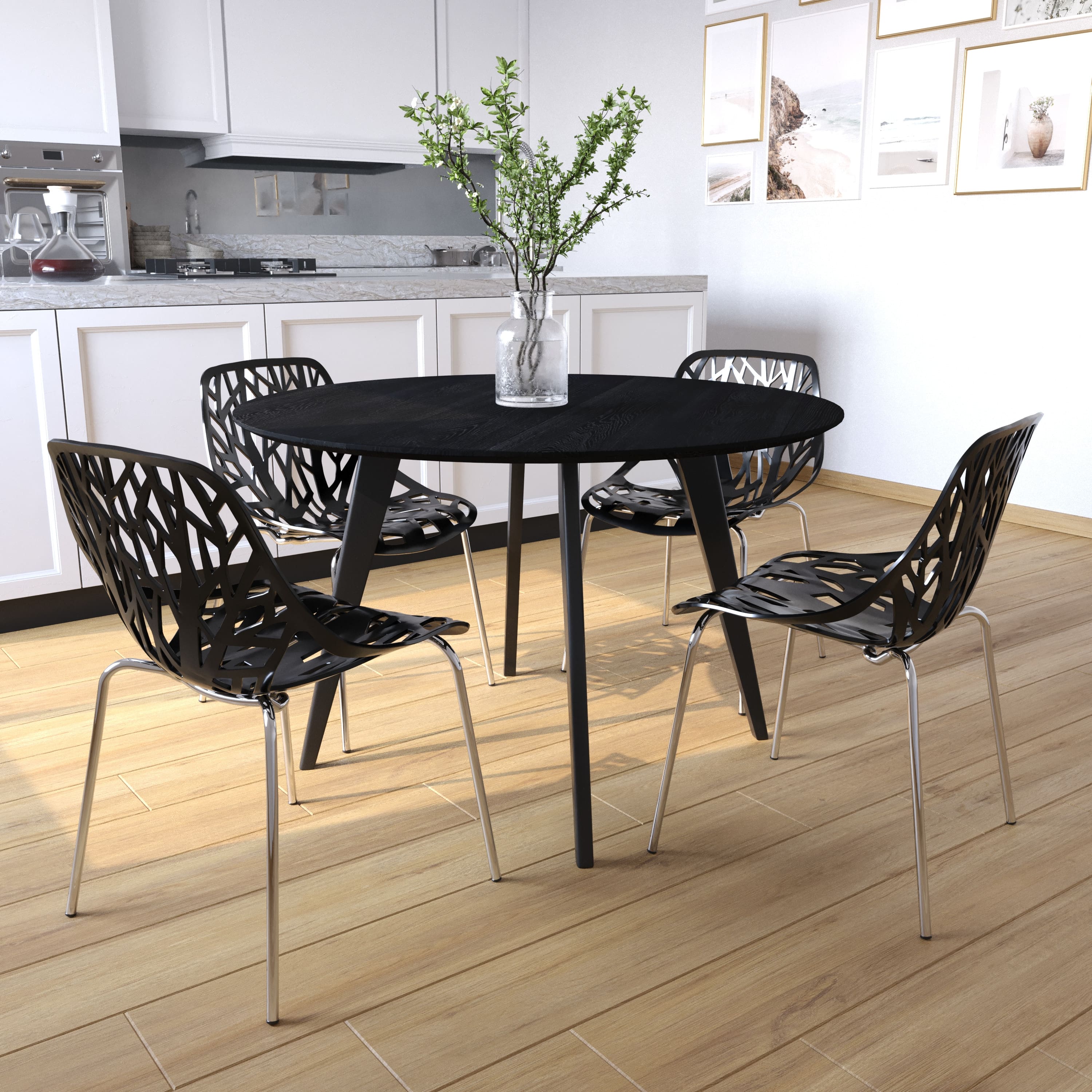 LeisureMod - Asbury Set of 4 Stackable Dining Side Chair with Accent Chrome Steel Legs and Cut Out Design for Indoor Outdoor - Black