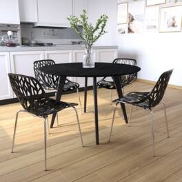 LeisureMod - Asbury Set of 4 Stackable Dining Side Chair with Accent Chrome Steel Legs and Cut Out Design for Indoor Outdoor - Black