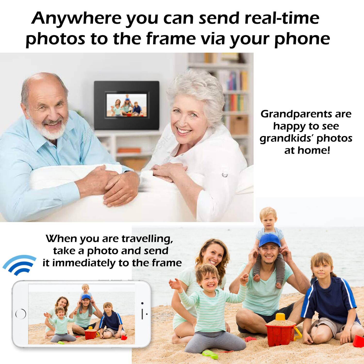 Anywhere you can send real-time photos to the frame via your phone

Grandparents are happy to see grandkids' photos at home!

When you are travelling, take a photo and send it immediately to the frame