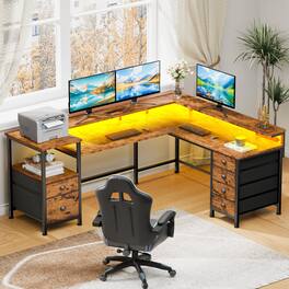 Furnulem - 66 In LShaped Gaming Desk with LED Lights Power Outlets Monitor Stand 6 Fabric Storage Cabinets for Home Office - Brown
