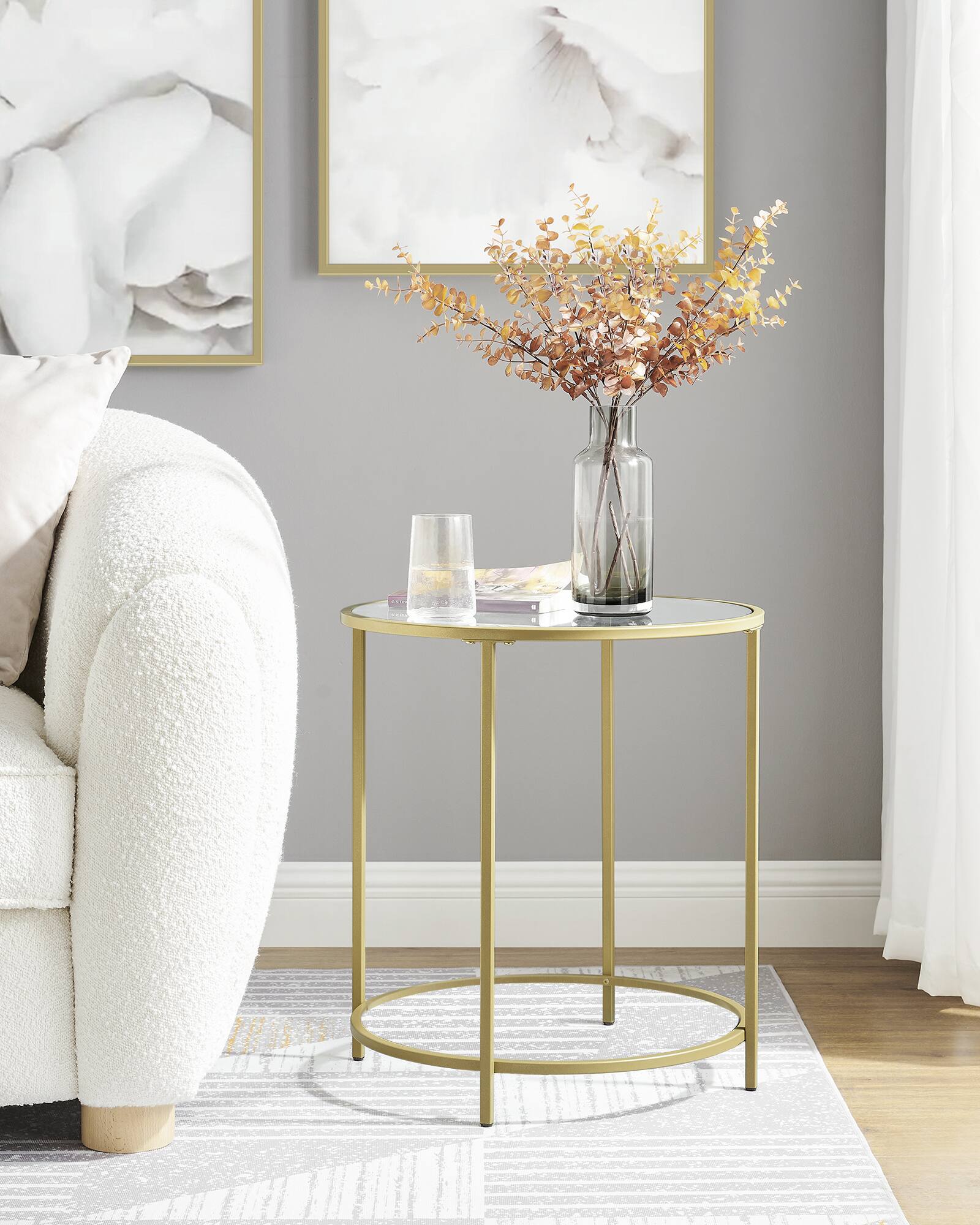 Angle. Songmics Home - Round Side Table, Glass End Table with Metal Frame, Gold Coffee Table with Modern Style, for Living Room, Balcony - Gold.