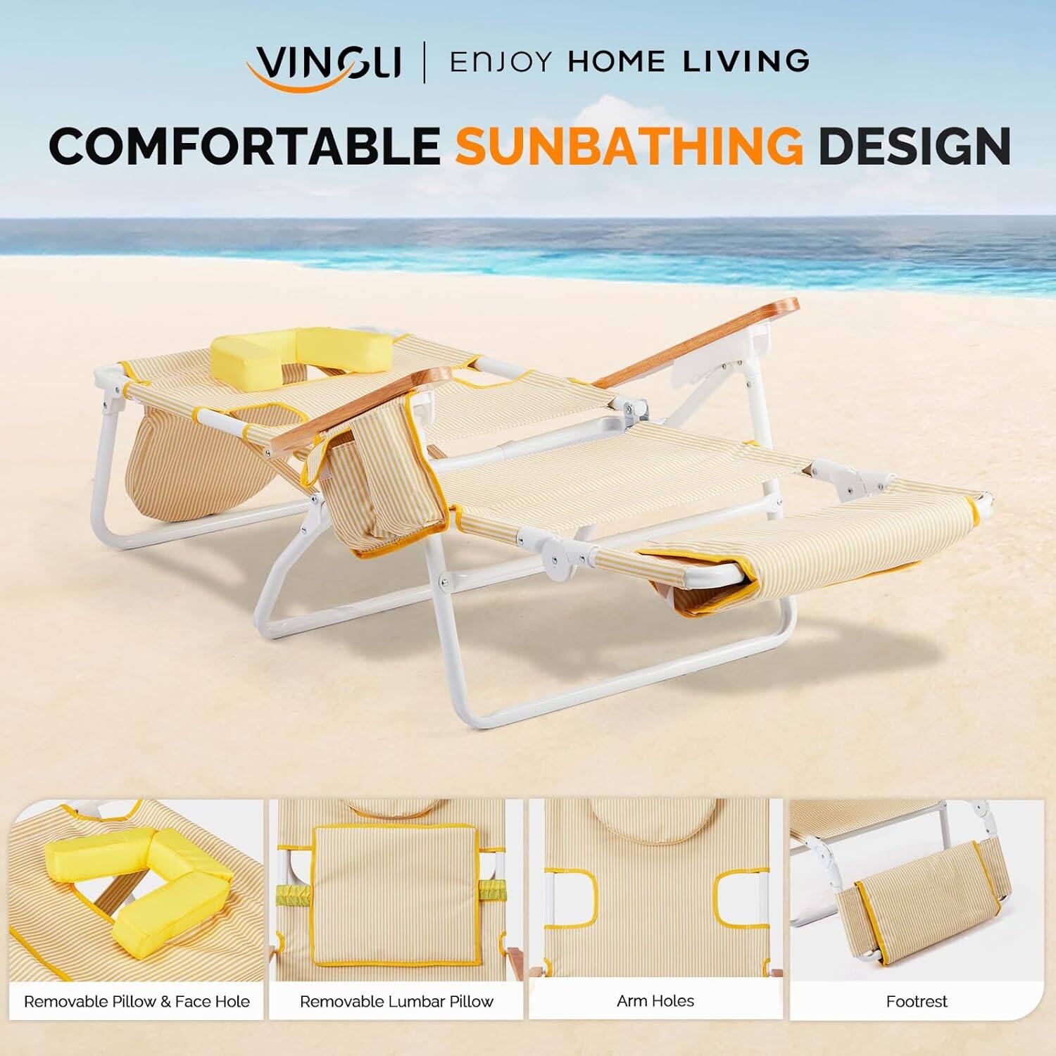 VINGLI | ENJOY HOME LIVING  
COMFORTABLE SUNBATHING DESIGN  

- Removable Pillow & Face Hole  
- Removable Lumbar Pillow  
- Arm Holes  
- Footrest