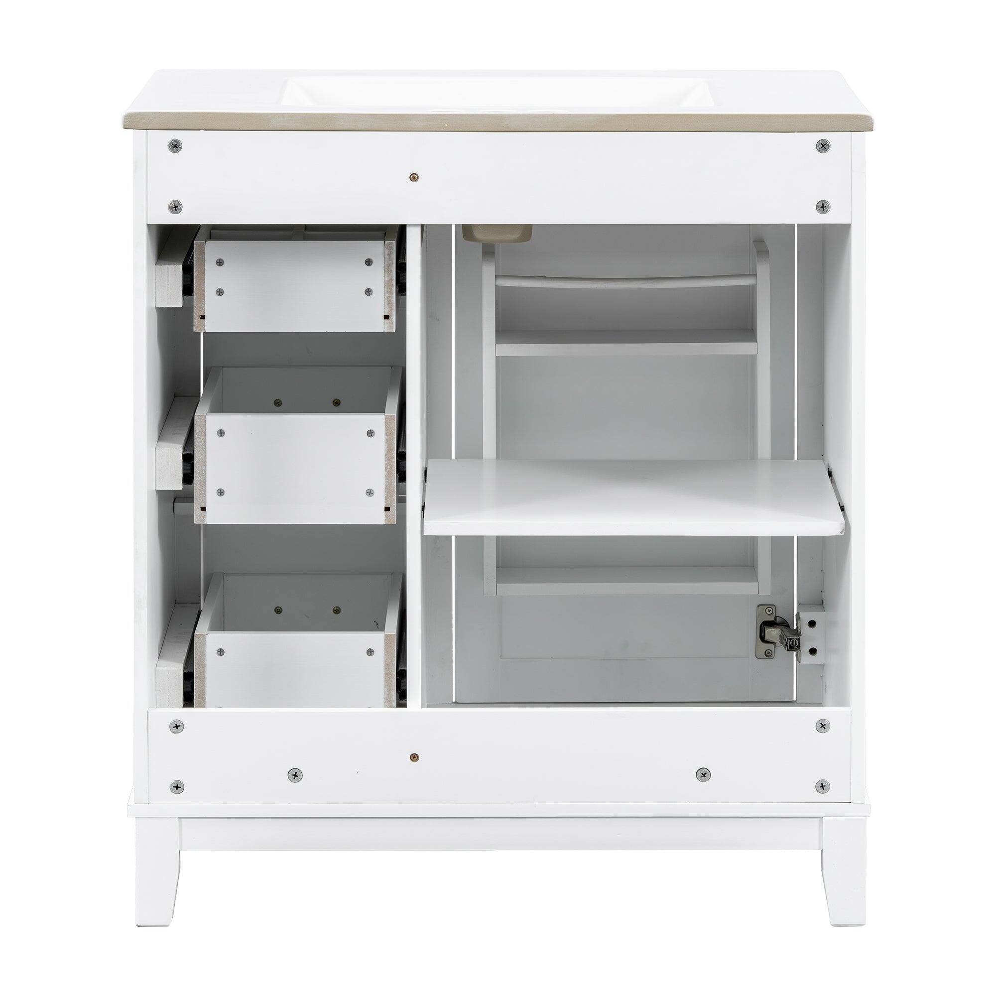 Left. Boyel Living - 30 Inch Modern Bathroom Vanity with Ceramic Sink Solid Wood Frame and Soft Close Storage - White.