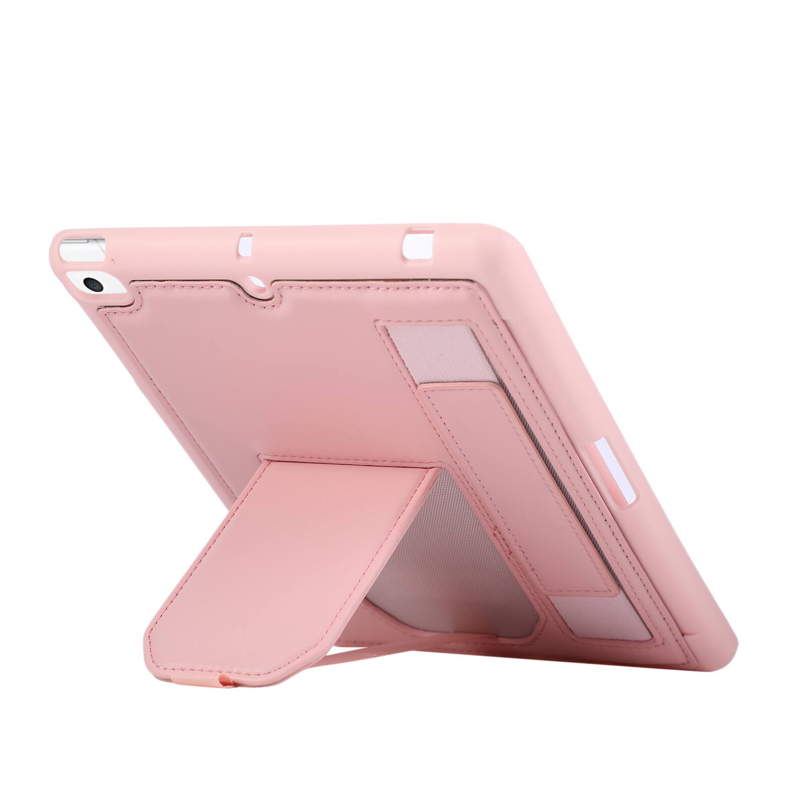 Back. Dteck - Shockproof Case for Apple iPad mini (5th Generation) 2019 with Hand Strap and Kickstand, PU Leather TPU Protective Cover - Pink.