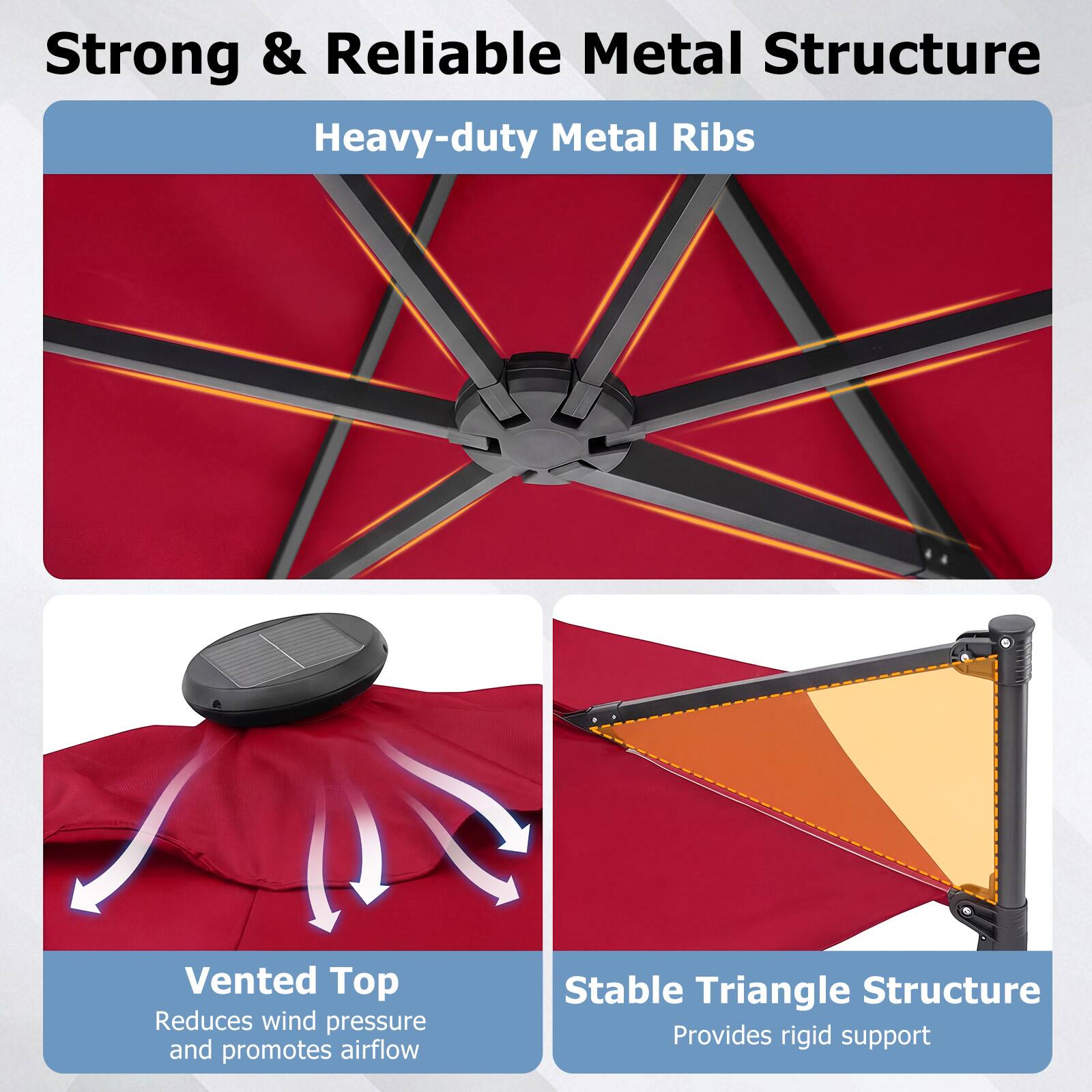 Strong & Reliable Metal Structure  
Heavy-duty Metal Ribs  

Vented Top  
Reduces wind pressure and promotes airflow  

Stable Triangle Structure  
Provides rigid support
