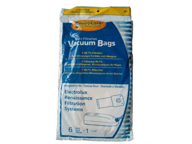 A MUST FOR ALLERGY SUFFERERS!!  
EnviroCare TECHNOLOGIES  
Micro Filtration Vacuum Bags  
99.7% Filtration  
Traps Microscopic Particles and Allergens  
Filtracion 99.7%  
Particulas et Allergenes Microscopiques de Pigeons  
99.7% Filtracion  
Particulas Alergenicas Microscopicas de los Desvios  

Designed to Fit:  
Electrolux Renaissance Filtration Systems  

6 BAGS + 1 FILTER  
SACS + FILTRE  
BOLSAS + FILTRO