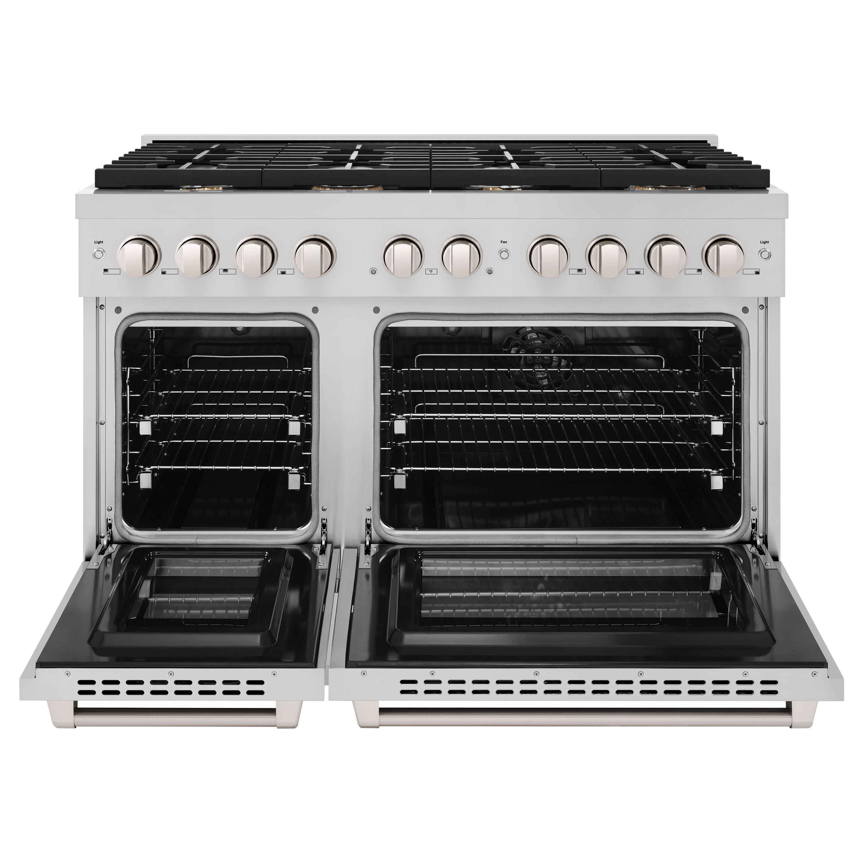 Angle. ZLINE - ZLINE 48" Paramount Double Oven Dual Fuel Range in Stainless Steel w/ 8 Brass Burners (SDR-BR-48) - Stainless Steel.