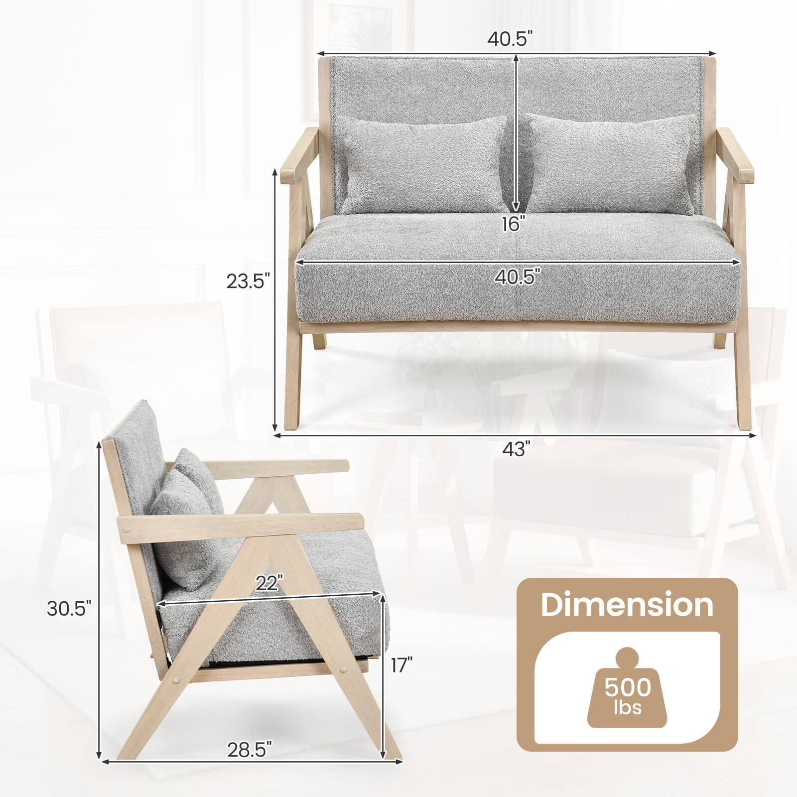 40.5" 16" 23.5" 40.5" 43" 30.5" 22" 17" 28.5"  
Dimension  
500 lbs
