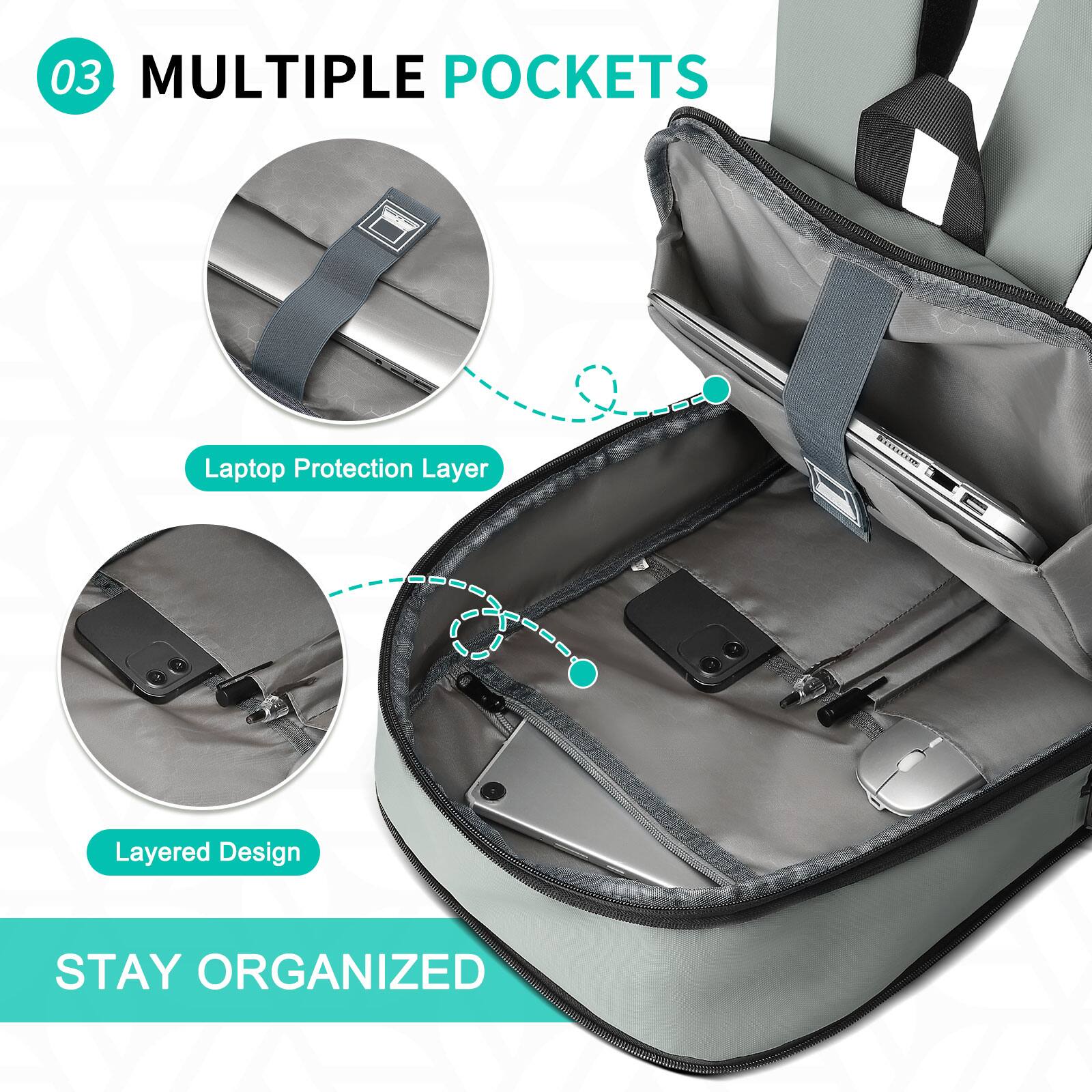 03 MULTIPLE POCKETS

- Laptop Protection Layer
- Layered Design

STAY ORGANIZED