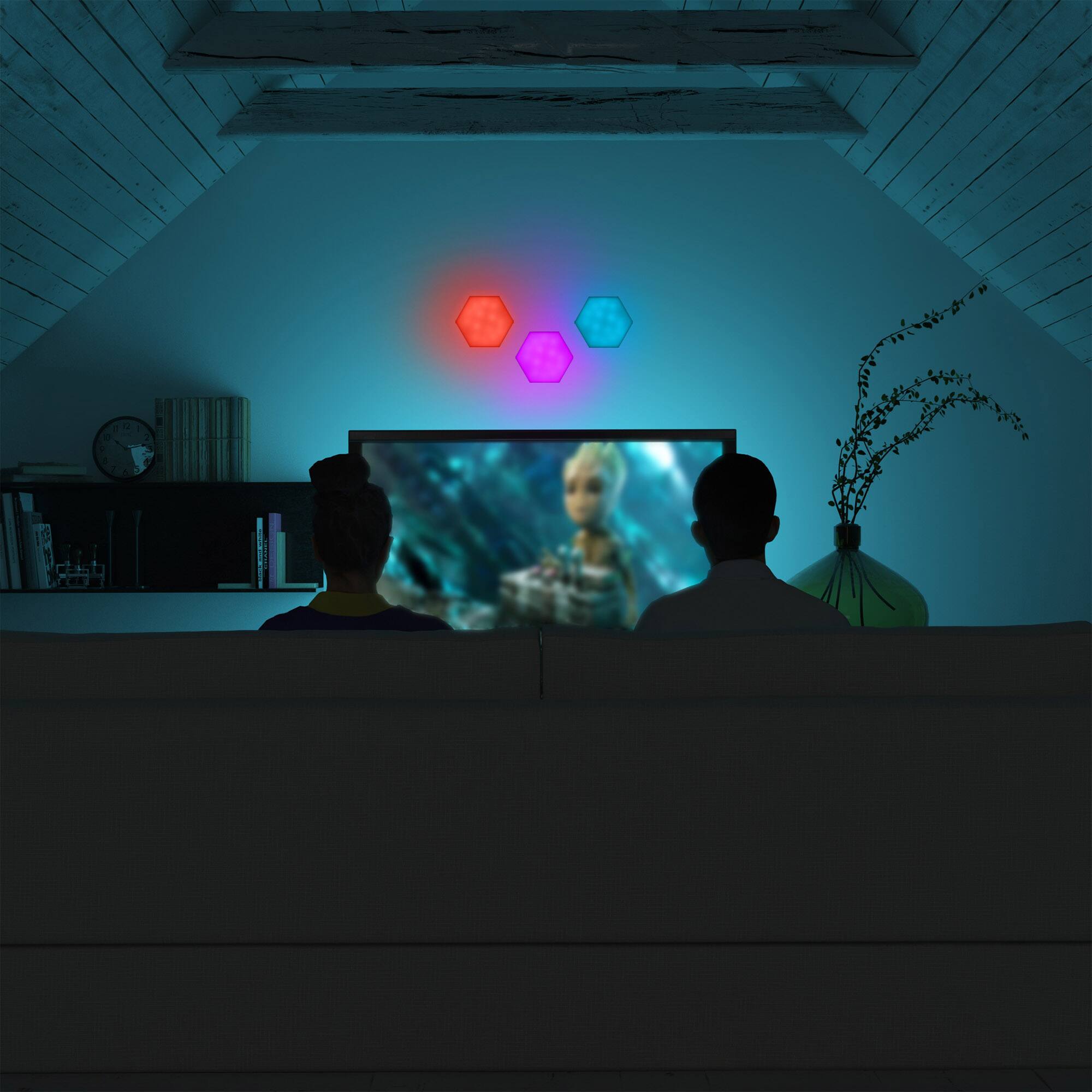 Left. Monster - Monster Hexagon Unique Multi-Color LED Touch Light, Four Color-Changing Modes, 9 Piece Set - Multicolor.