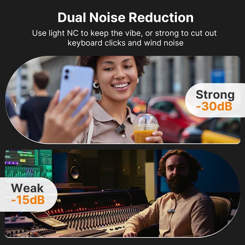 Dual Noise Reduction

Use light NC to keep the vibe, or strong to cut out keyboard clicks and wind noise

Strong -30dB

Weak -15dB