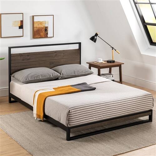 Angle. Hivvago - King size Modern Metal Wood Platform Bed Frame with Headboard in Gray - Gray.