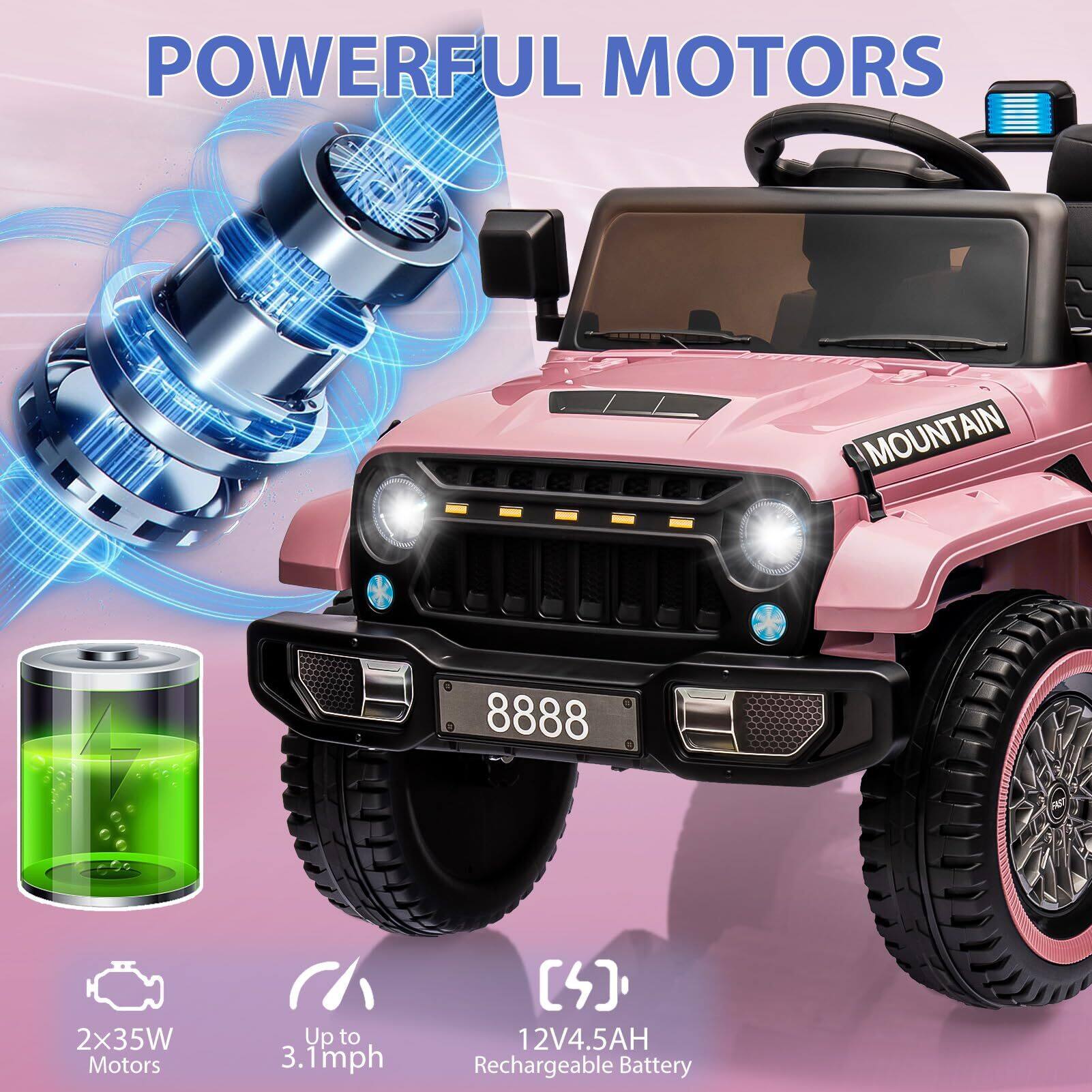 POWERFUL MOTORS  
MOUNTAIN 8888  
2x35W Motors  
Up to 3.1mph  
12V4.5AH Rechargeable Battery