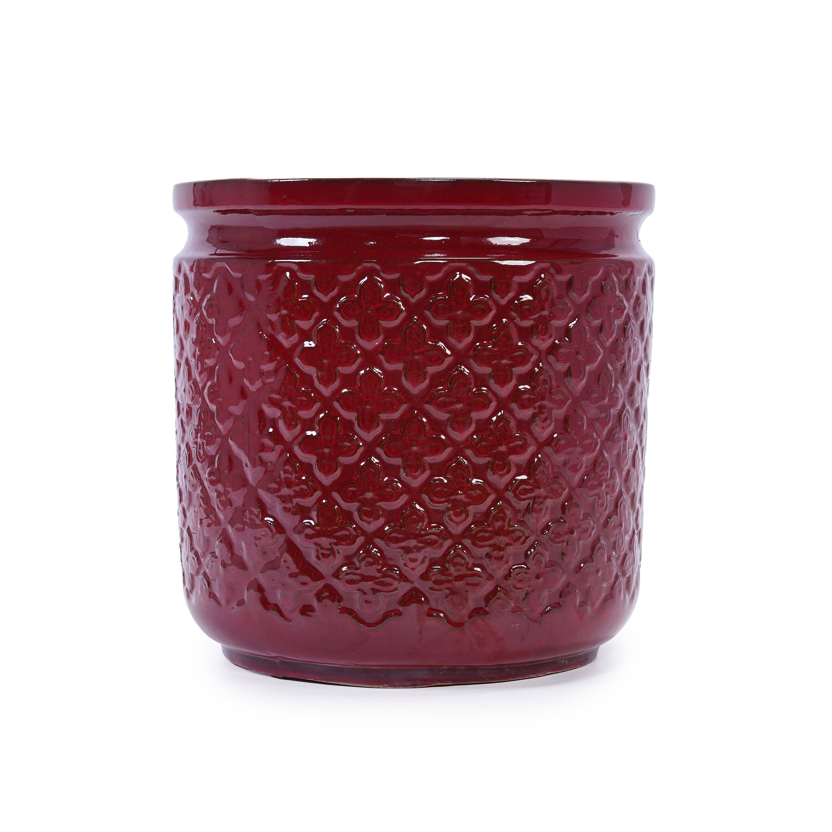 Alt View 3. Loheer - Loheer Ceramic Planter Set, Handmade Burgundy Indoor Plant Pots, Diamond Pattern, Breathable Clay, 15 12 9 Inch.