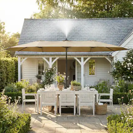 Front. Famapy - 11ft Double-Top Patio Misting Umbrella - Spray Cooling System & Reinforced Frame for Pool, Garden - Sand.