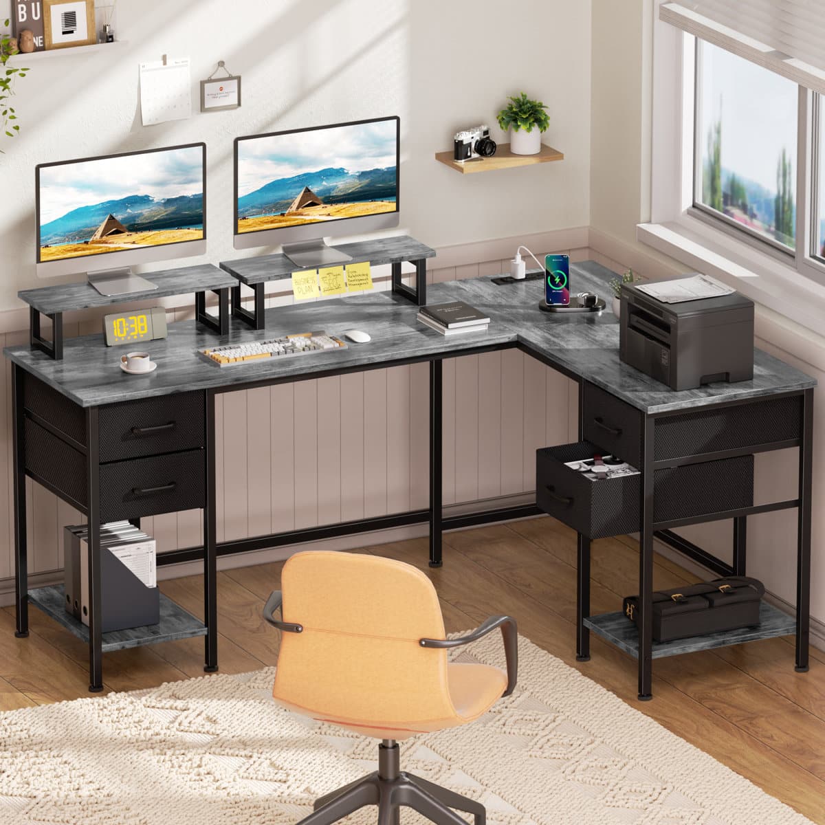 Furnulem - 59 Inch LShaped Corner Computer Desk with Builtin Power Outlet for Home Office - Gray price history on PriceWatchPro