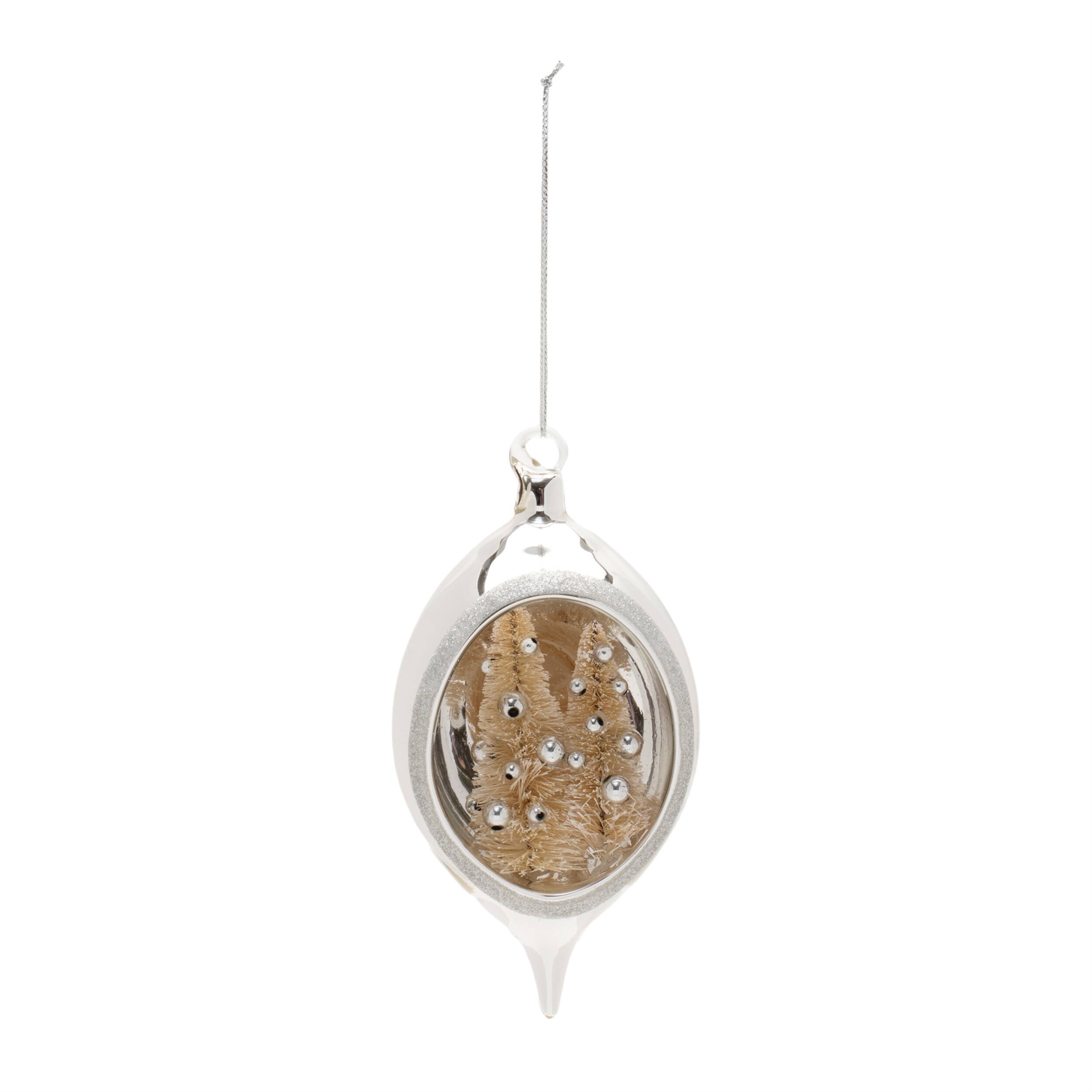 Angle. BreeBe - Elegant Open Ornament w/Trees (Set of 12) - Silver, Cream.