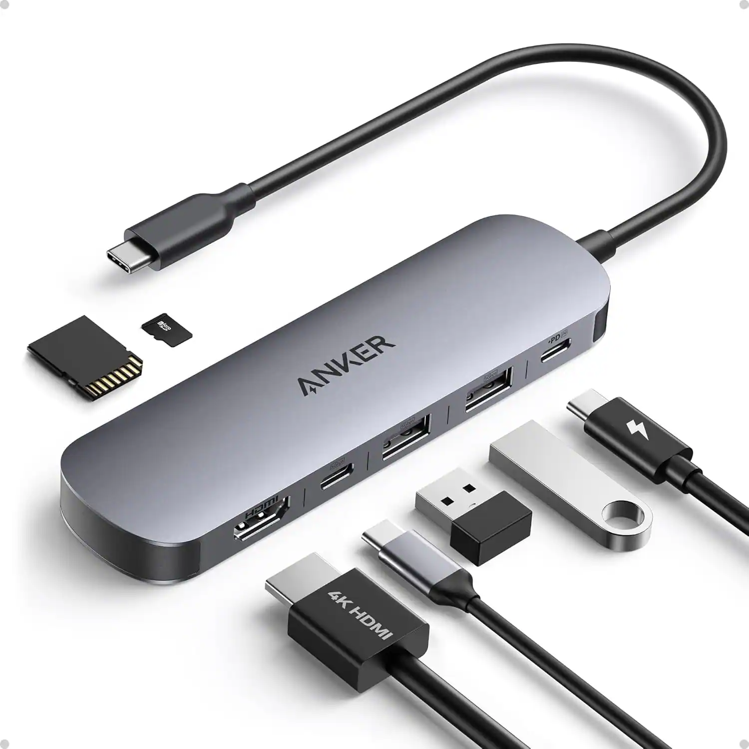Anker - USB C Hub, 7-in-1 Multi-Port USB Adapter for Laptops, 4K@60Hz USB C to HDMI Splitter, 85W Max Power Delivery - Gray