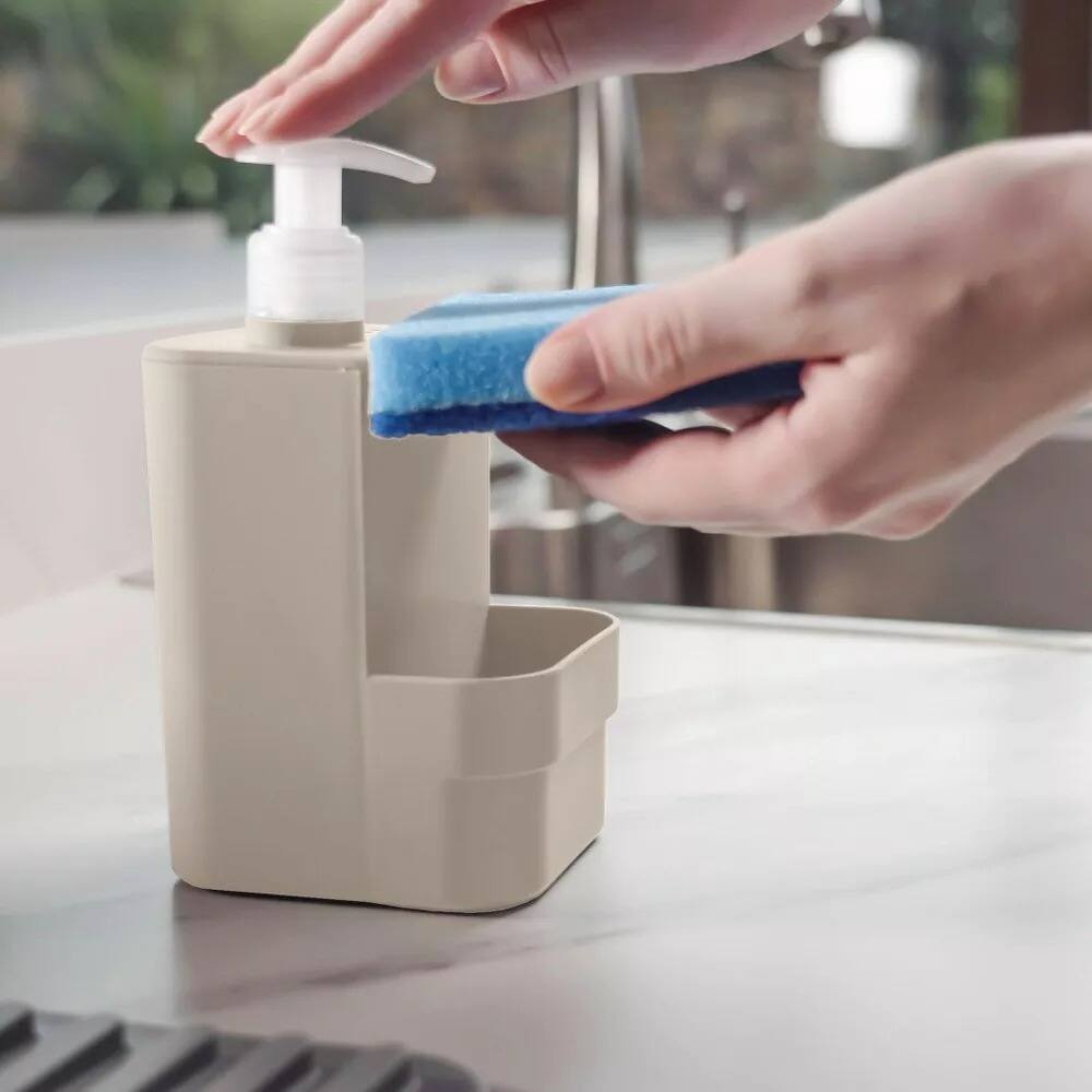 Left. OU - OU Dish Soap Dispenser with Sponge Holder 16 oz, Kitchen Sink Plastic Soap Dispensing Pump Bottle - Beige - Beige.