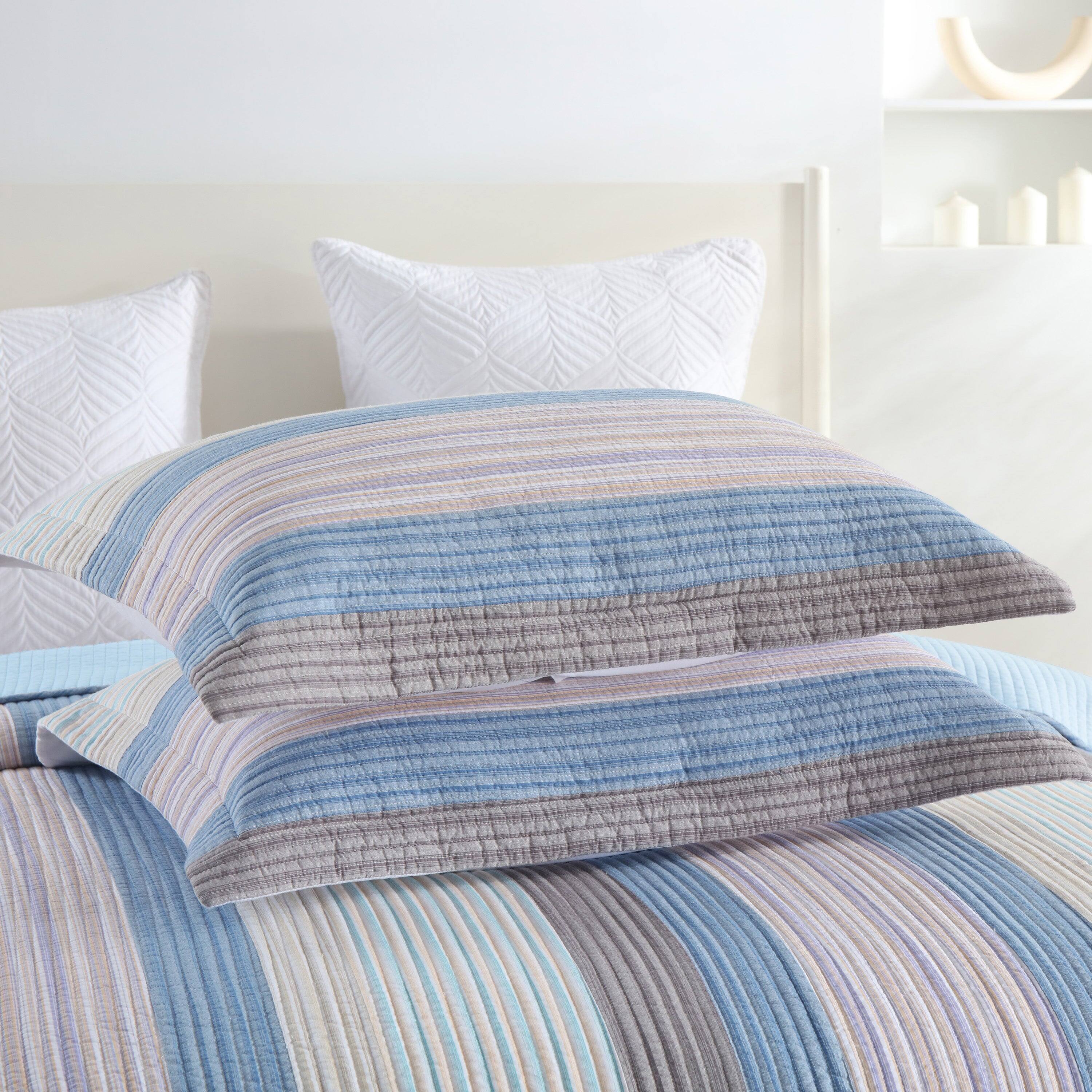 Left. MarCielo - Marcielo 3Pcs 100% Cotton Striped Quilt Bedspread Set Reversible Bedding - Blue.