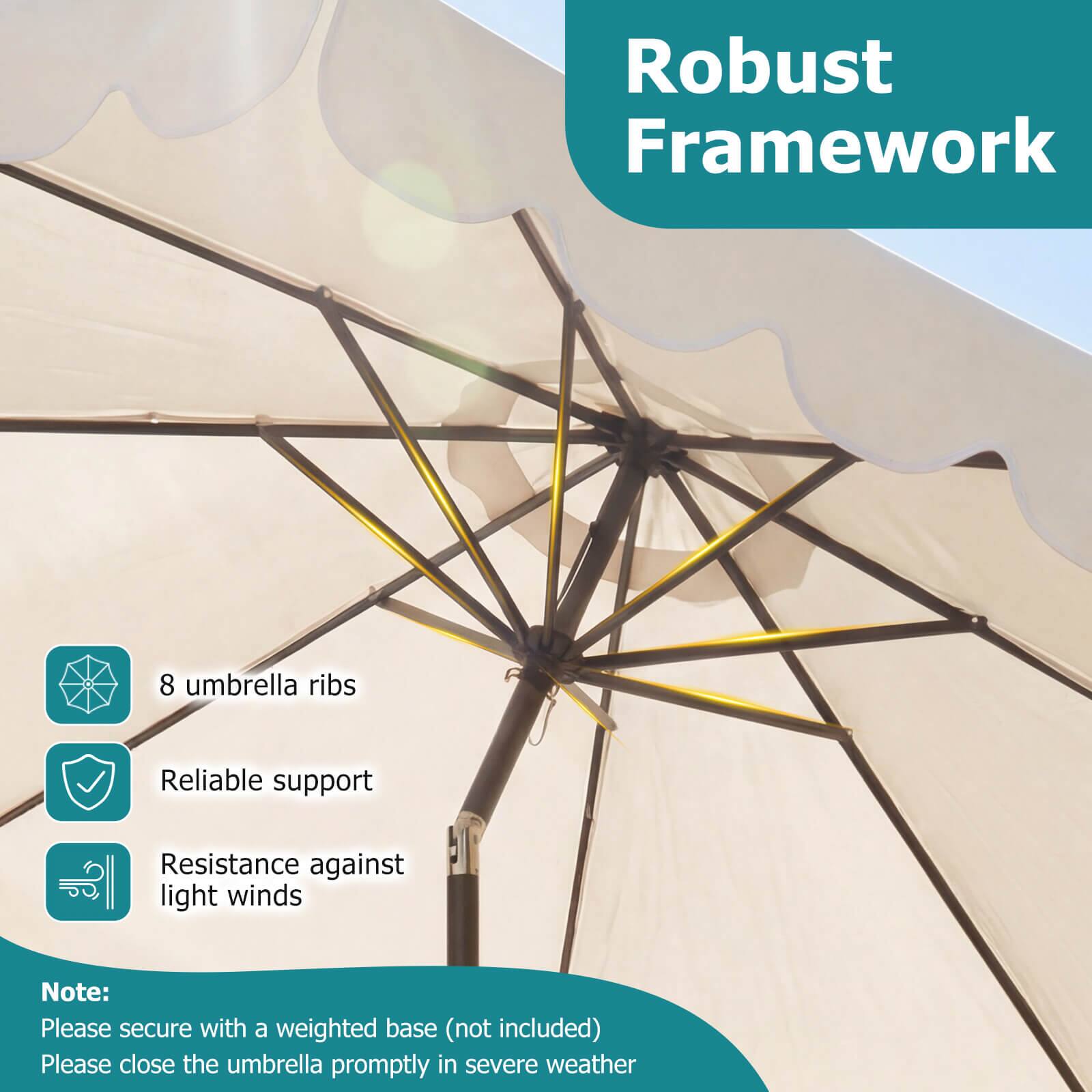 Robust Framework

- 8 umbrella ribs
- Reliable support
- Resistance against light winds

Note: Please secure with a weighted base (not included). Please close the umbrella promptly in severe weather.