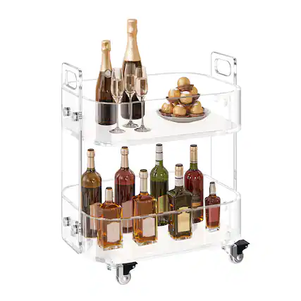 Front. VEVOR - Acrylic Table with Wheels, 2 Tiers Mobile Cart Table, Modern Rolling Acrylic Storage Desk, Clear Nightstand Side End - Colorless and transparent.