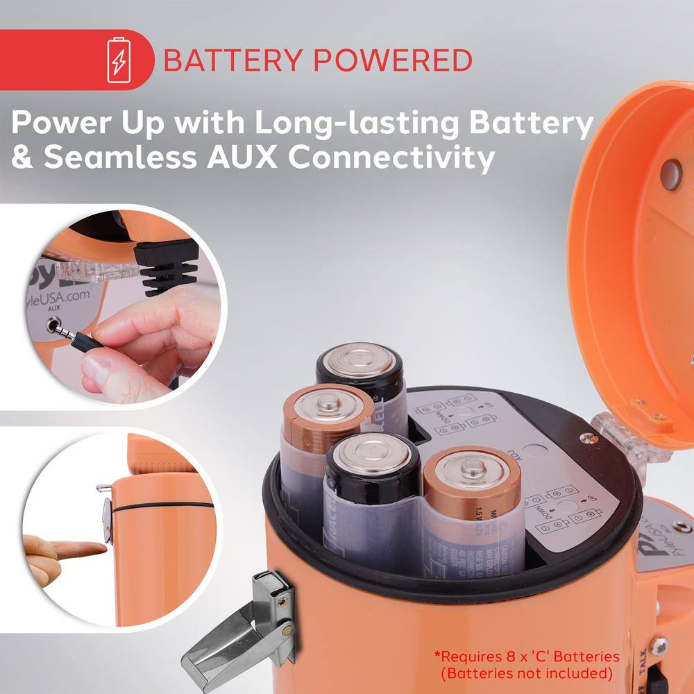 BATTERY POWERED

Power Up with Long-lasting Battery & Seamless AUX Connectivity

*Requires 8 x 'C' Batteries (Batteries not included)