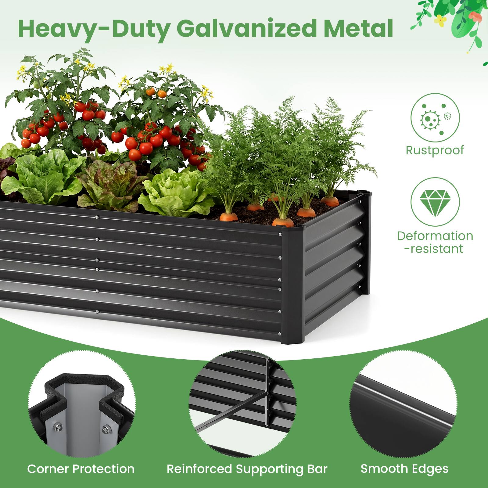 Heavy-Duty Galvanized Metal  
Rustproof  
Deformation-resistant  
Corner Protection  
Reinforced Supporting Bar  
Smooth Edges