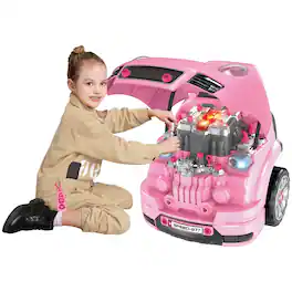 Ropilly - Pink Mechanic Toy Set 61-Piece Engine Disassembly Workshop with Steering Wheel