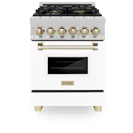 ZLINE - Autograph 24 in. Legacy Dual Fuel Range in Satin Steel w/ White & Gold Accents (RASZ-WM-24-G) - White Matte