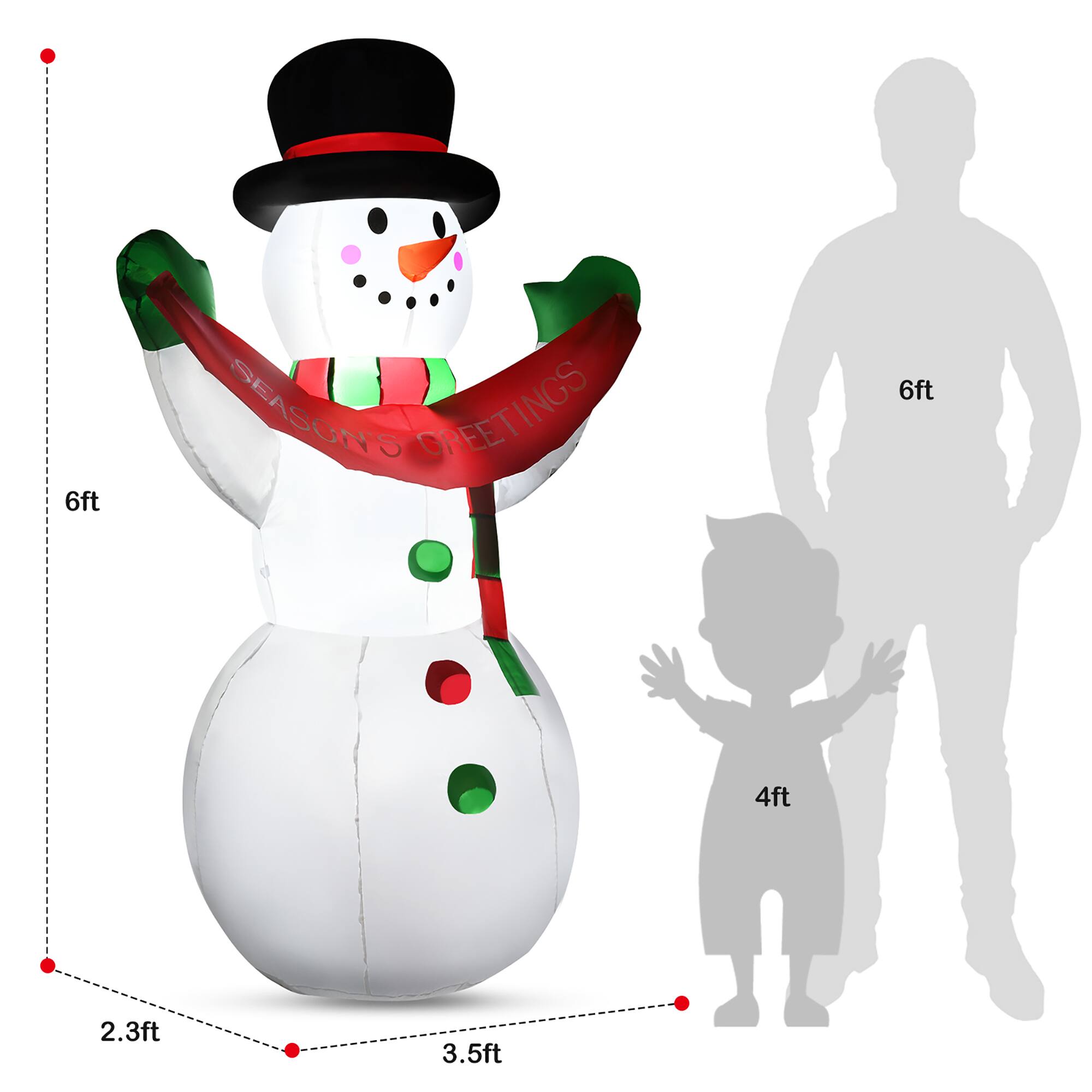 The text on the image reads: "Season's Greetings 6ft 4ft 2.3ft 3.5ft."