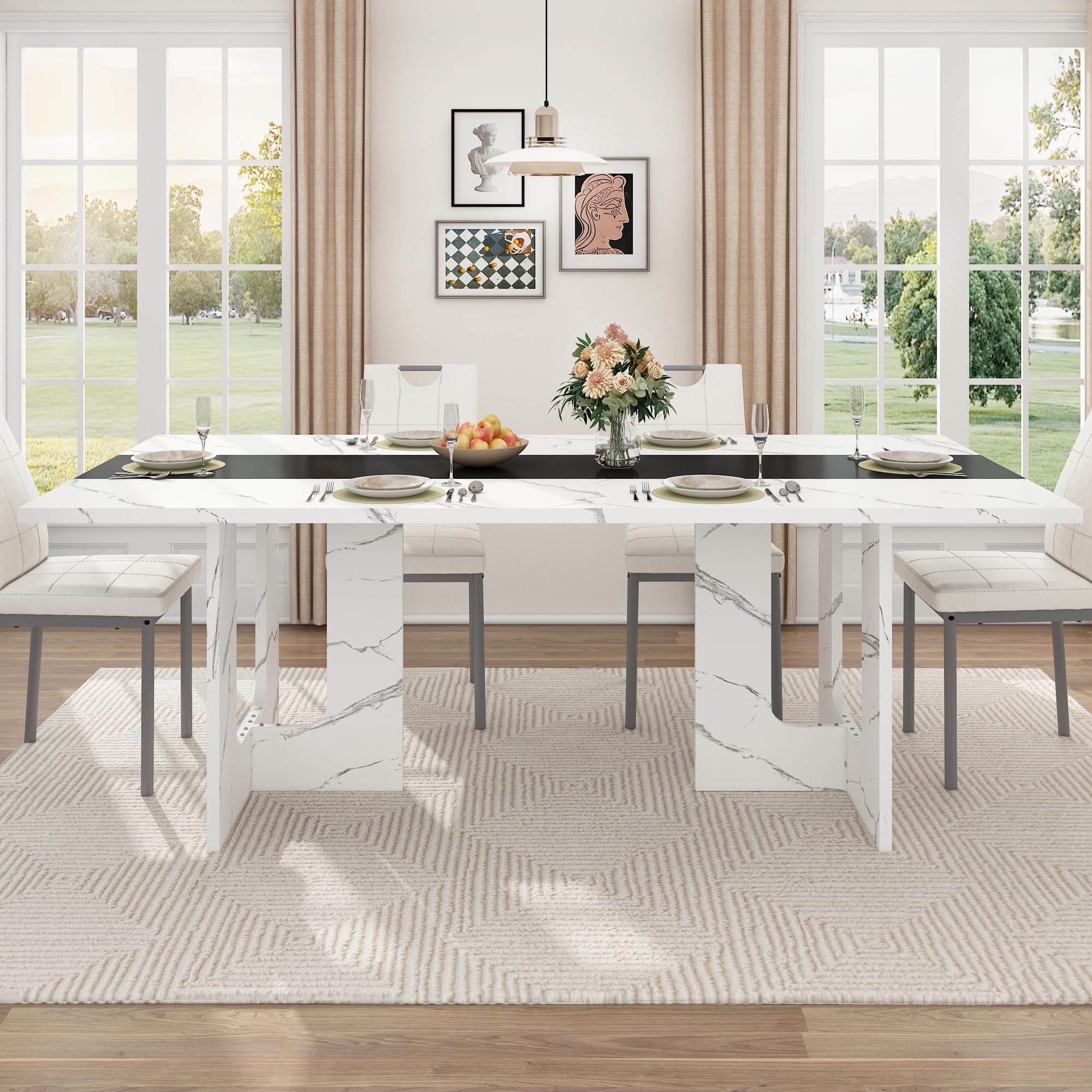 Left. Espafurni - 71" Farmhouse Dining Table for 6-8 | Solid Wood Rectangular Kitchen Table (Table Only) - White.