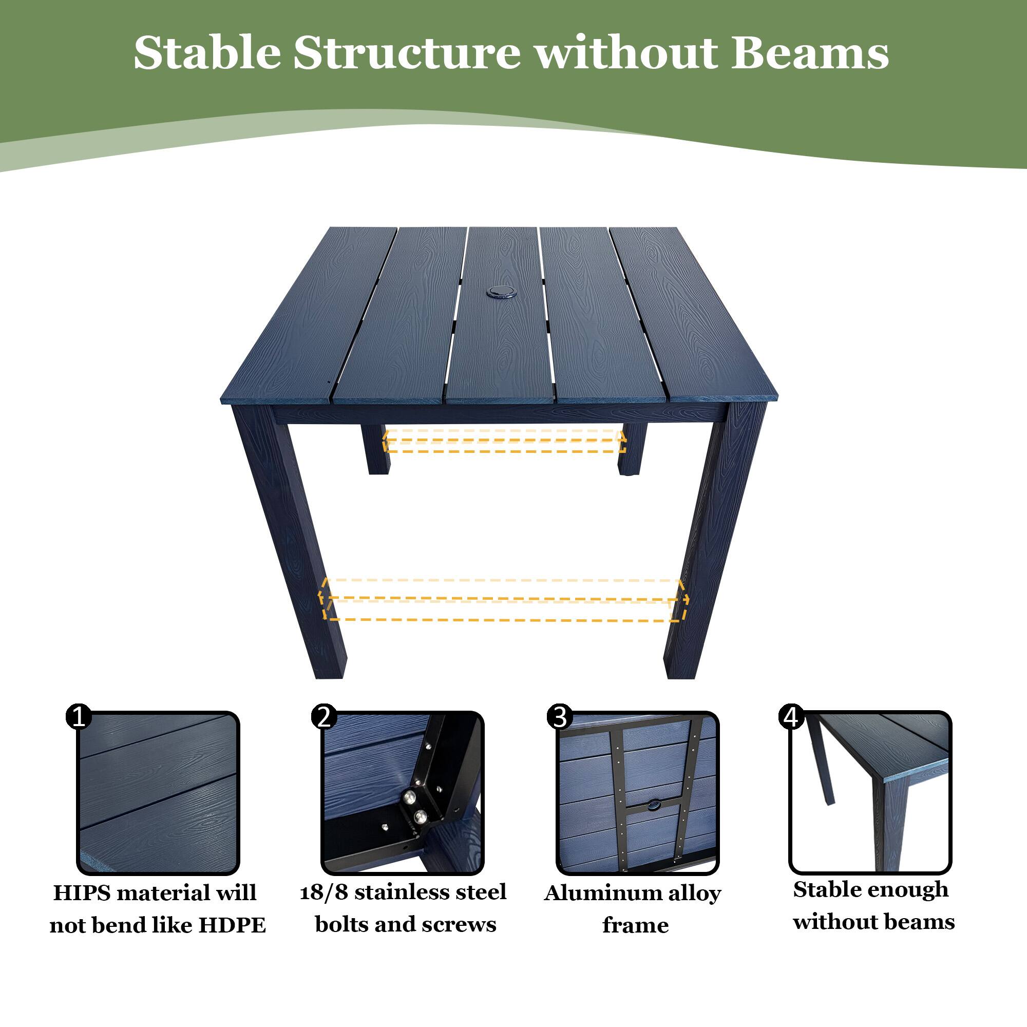 Stable Structure without Beams

1. HIPS material will not bend like HDPE
2. 18/8 stainless steel bolts and screws
3. Aluminum alloy frame
4. Stable enough without beams