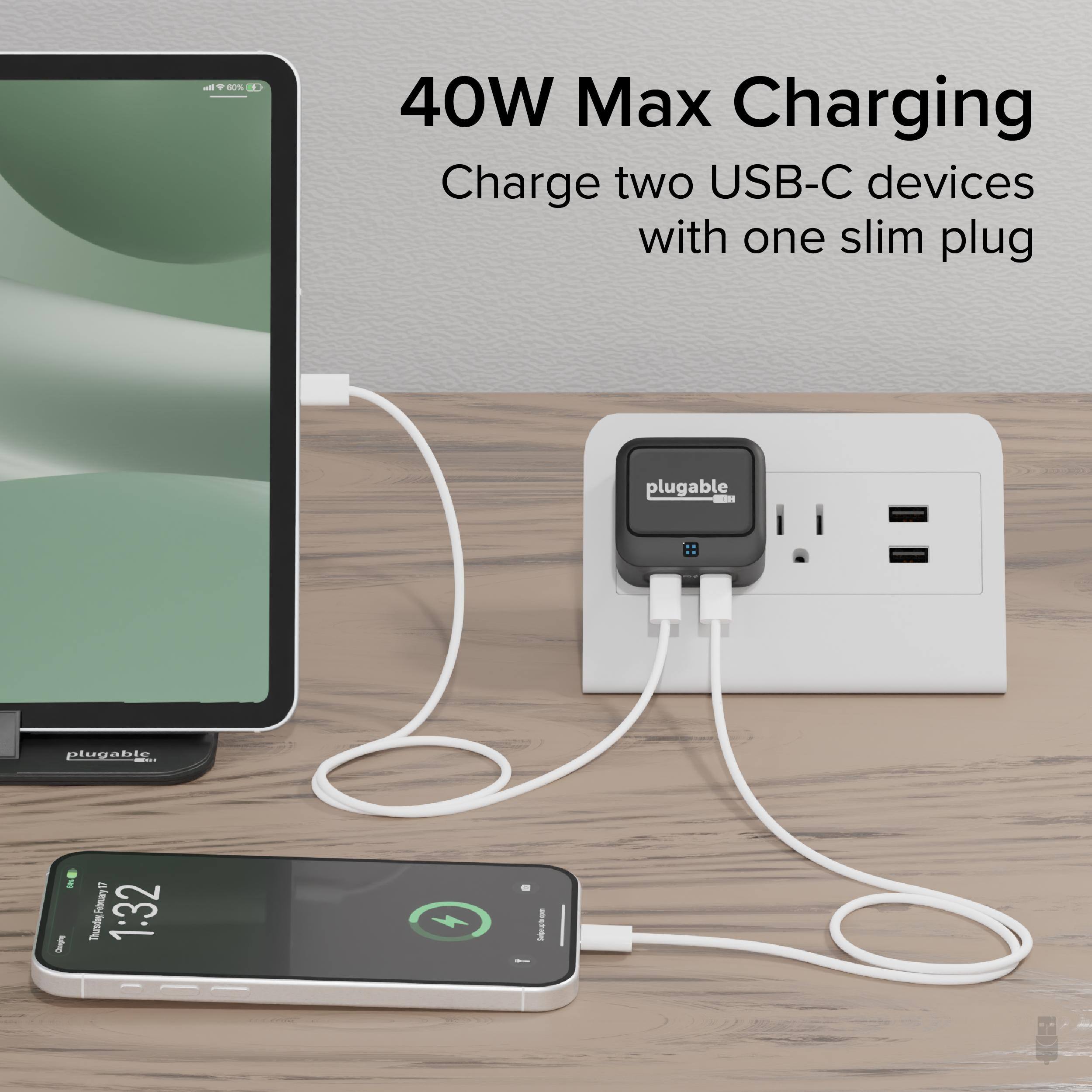 40W Max Charging  
Charge two USB-C devices with one slim plug  

plugable  

Thunderbolt 3  

1:32