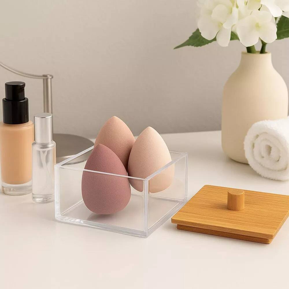 Angle. Elle - Cosmetic Organizer with Bamboo Lid, Clear Square Acrylic Makeup Cotton Ball & Swab Storage Box, Multi-purpose Organizer - Clear/Natural Bamboo.